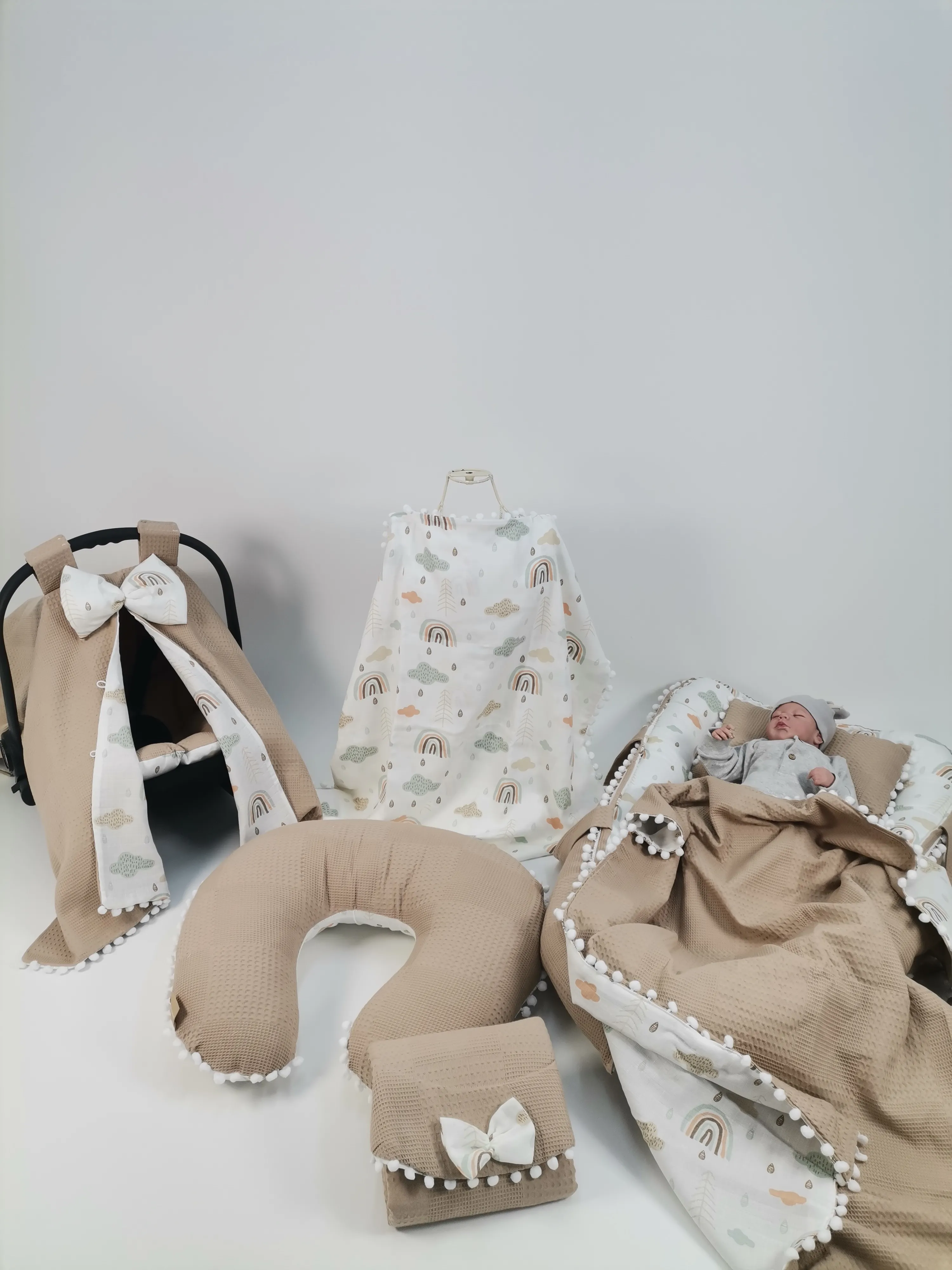 Babynest 8'li set bej waffle pike - gökkuşaklı müslin