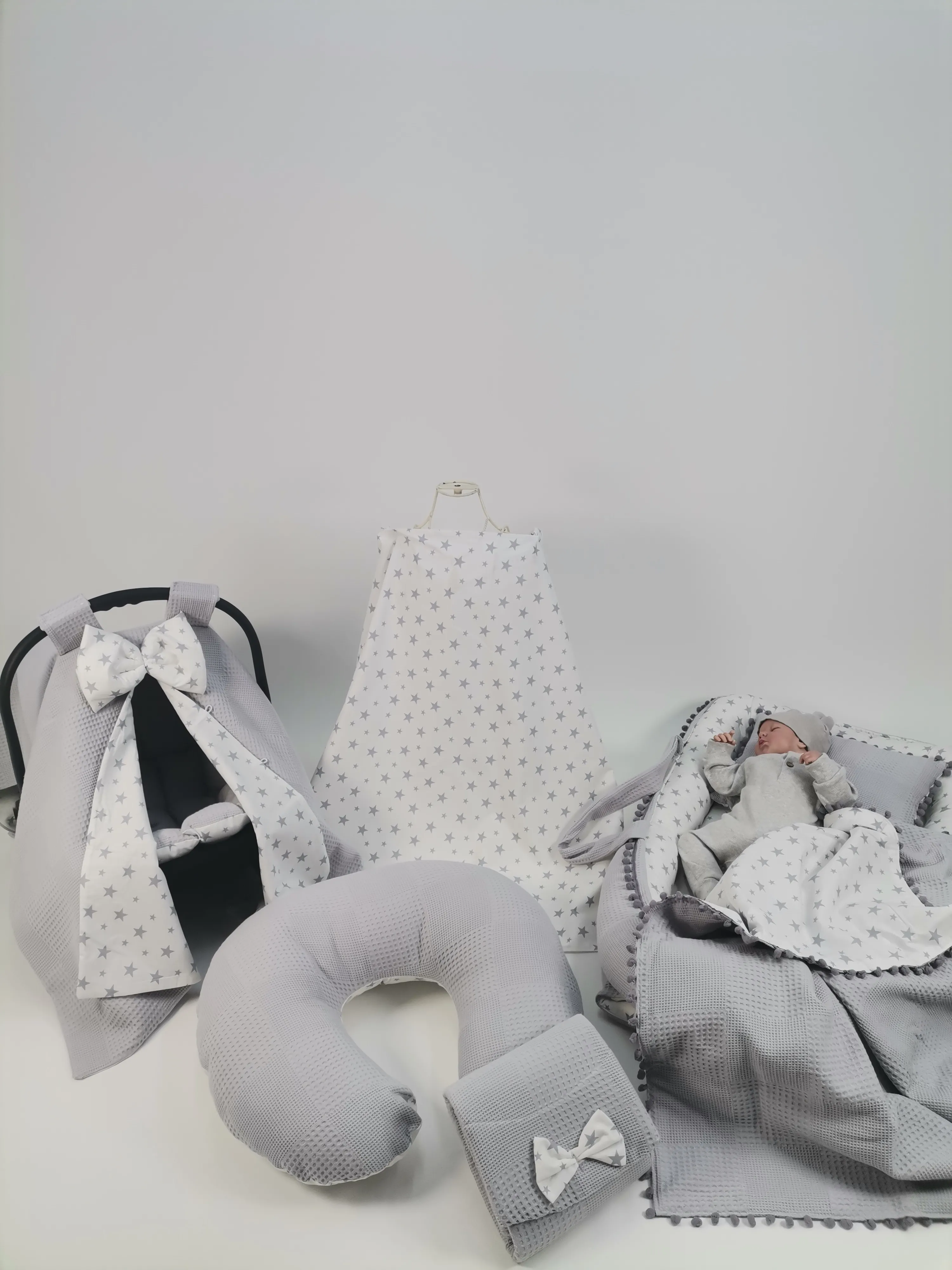Babynest 8'li set gri waffle pike - gri yıldızlı poplin