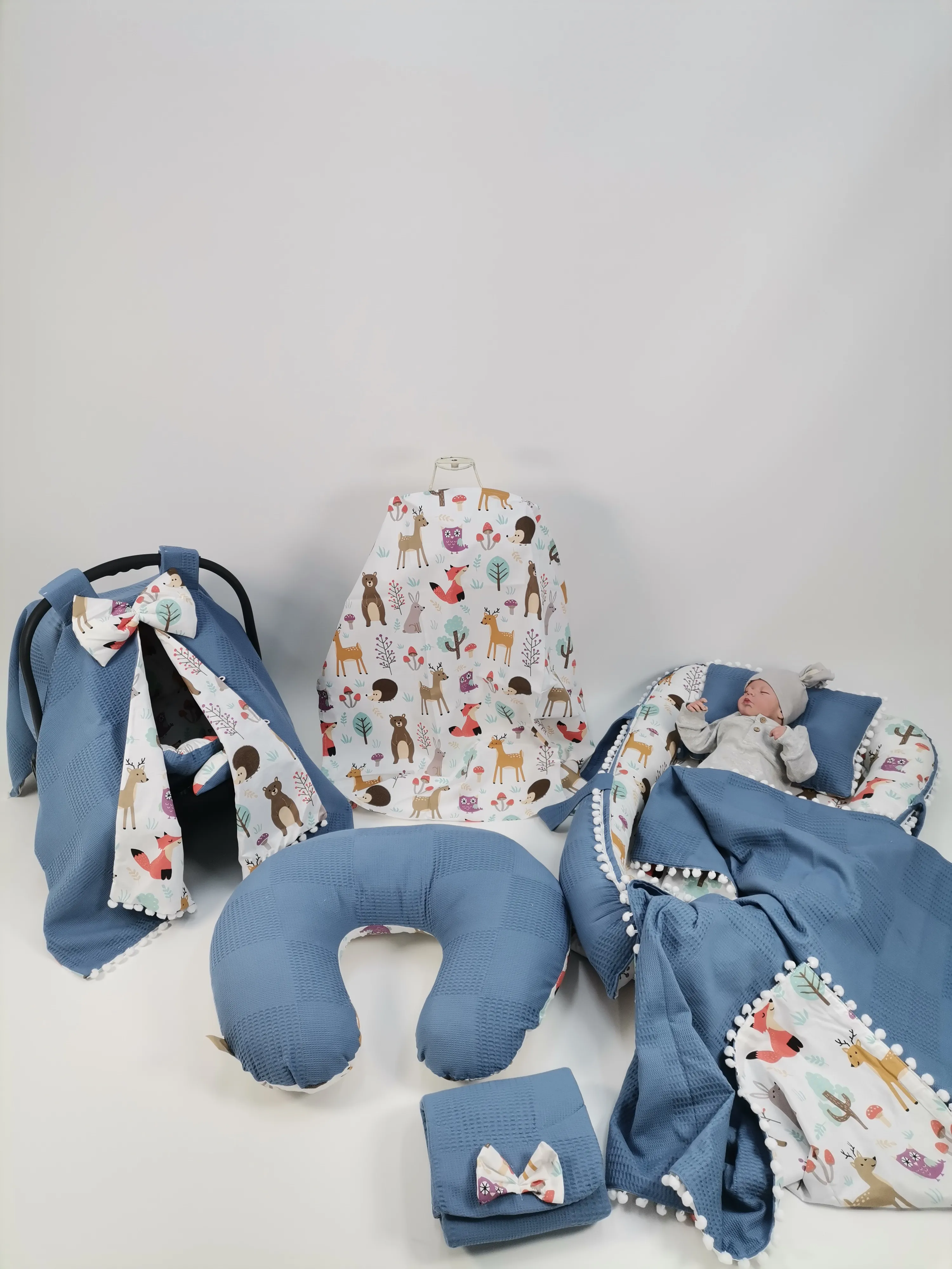 Babynest 8'li set indigo mavi waffle klasik pike - hayvan figurlu poplin