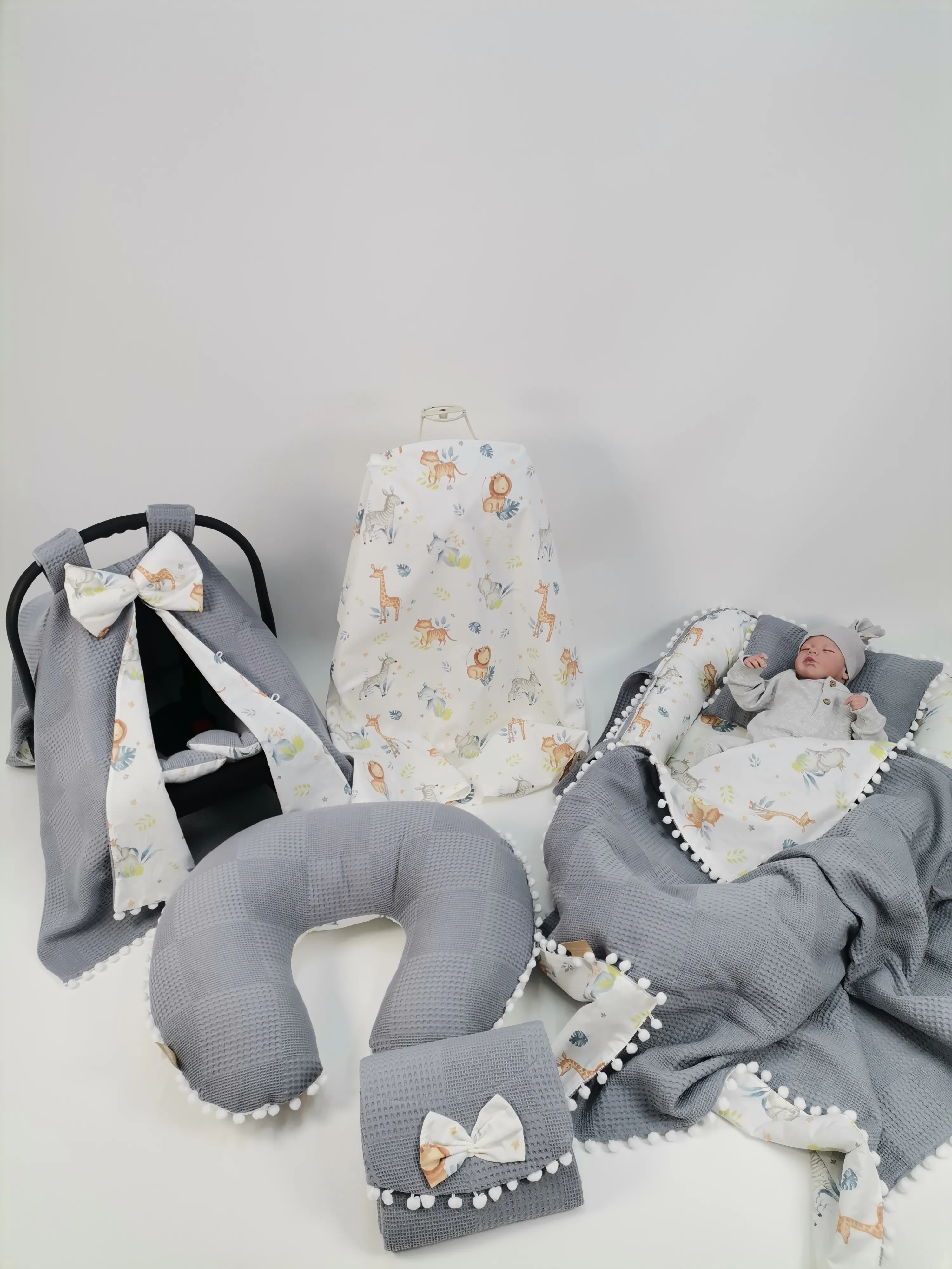 Babynest 8'li set koyu gri waffle pike - sevimli hayvanlar poplin