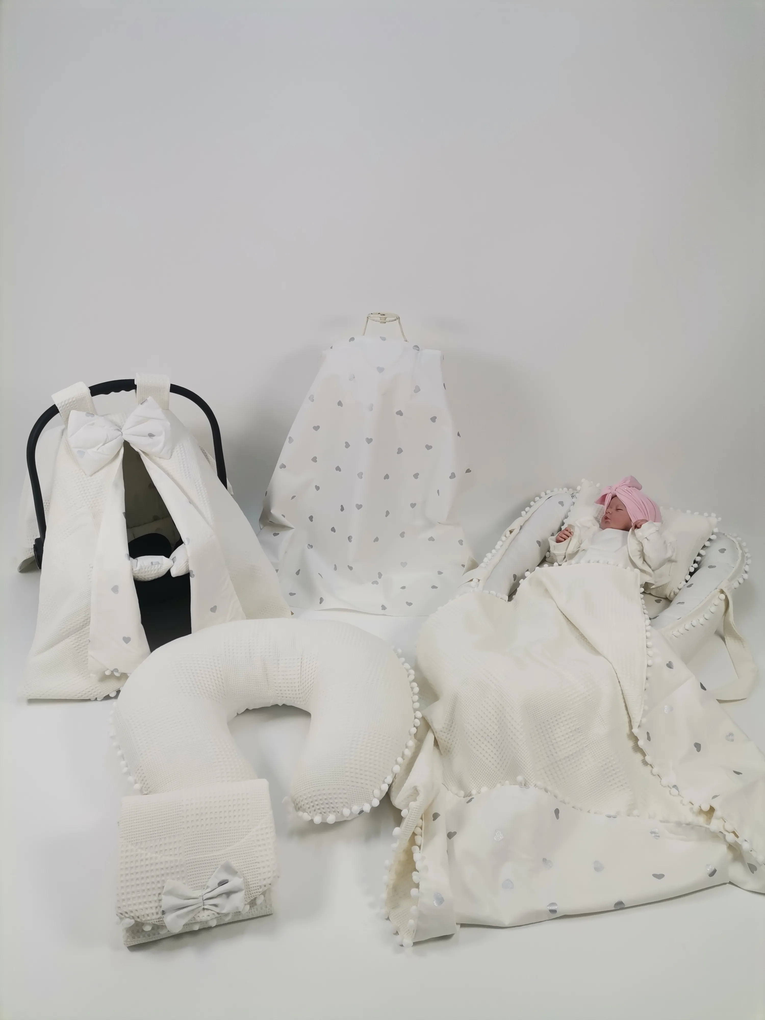 Babynest 8'li set krem waffle pike - gümüş kalpli poplin