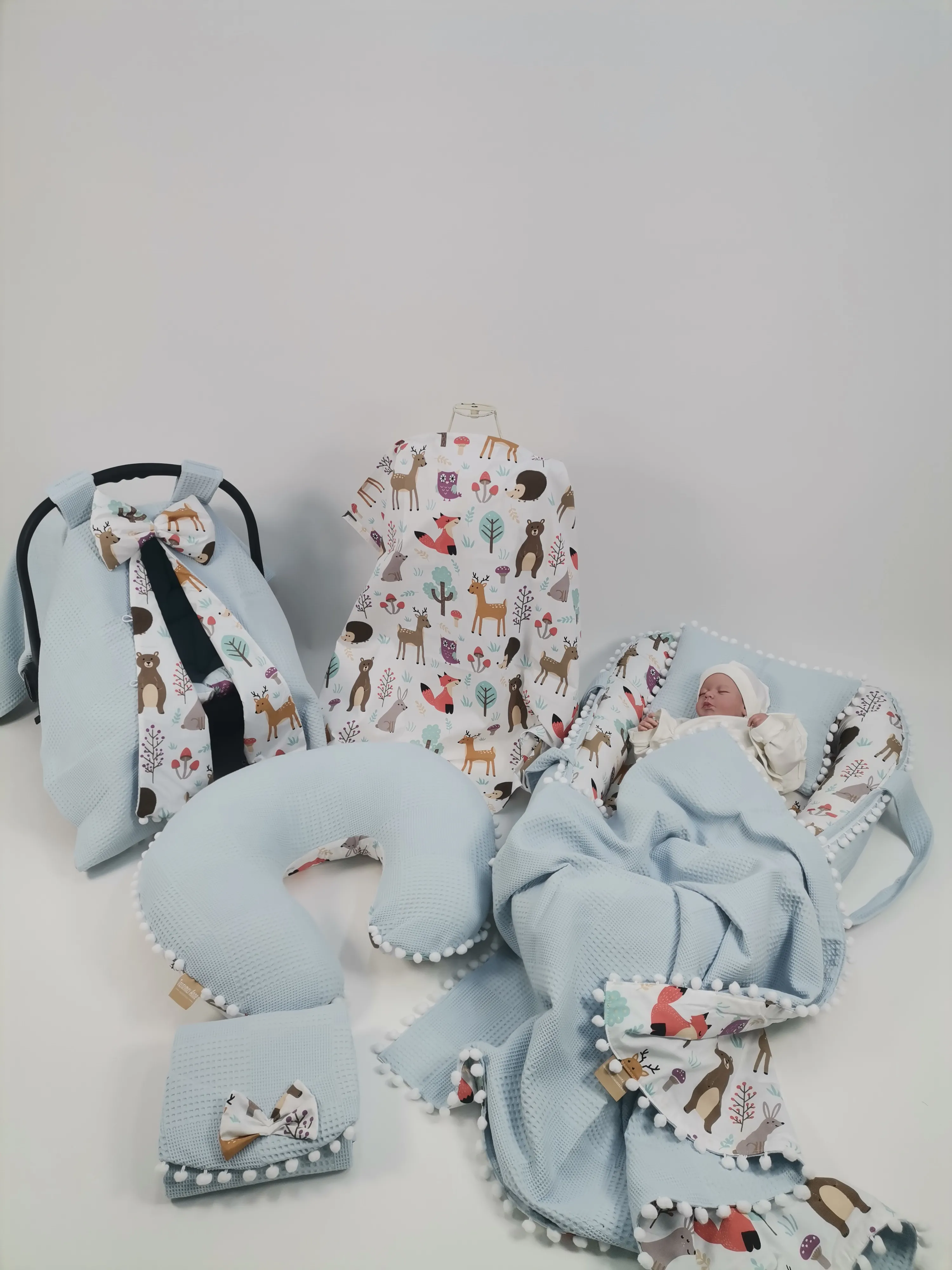 Babynest 8'li set mavi waffle pike - hayvan figürlü poplin