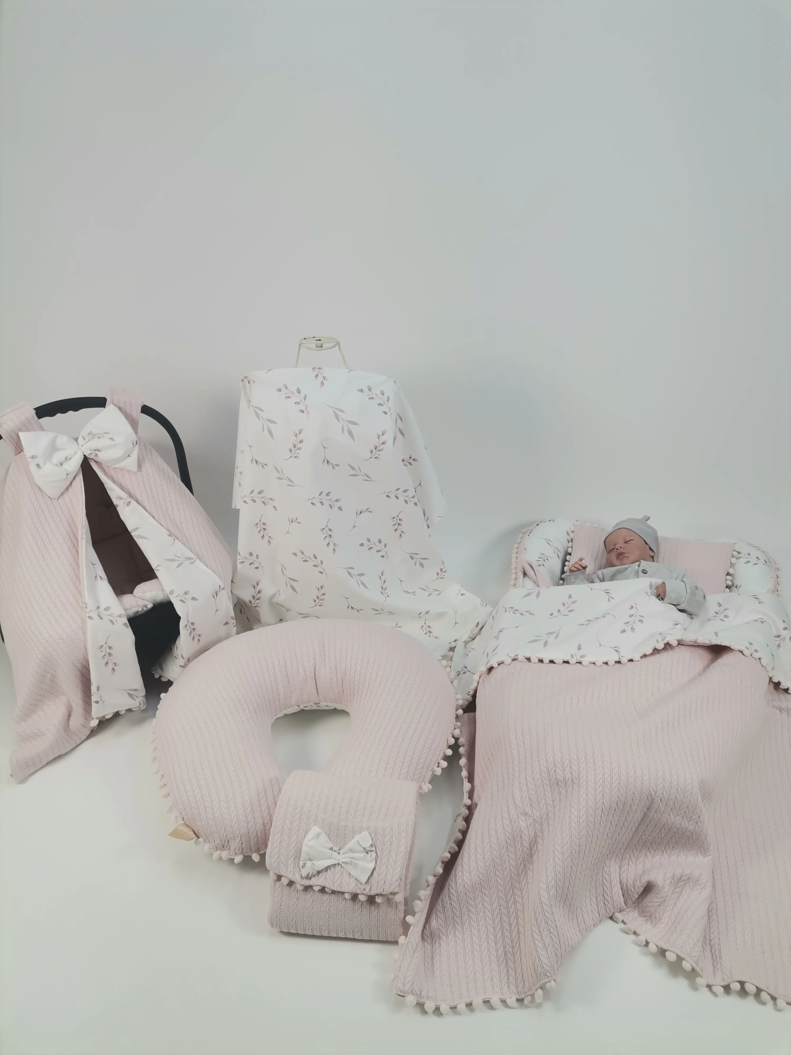 Babynest 8'li set pudra örgü pike - pembe zeytin dalı desenli poplin