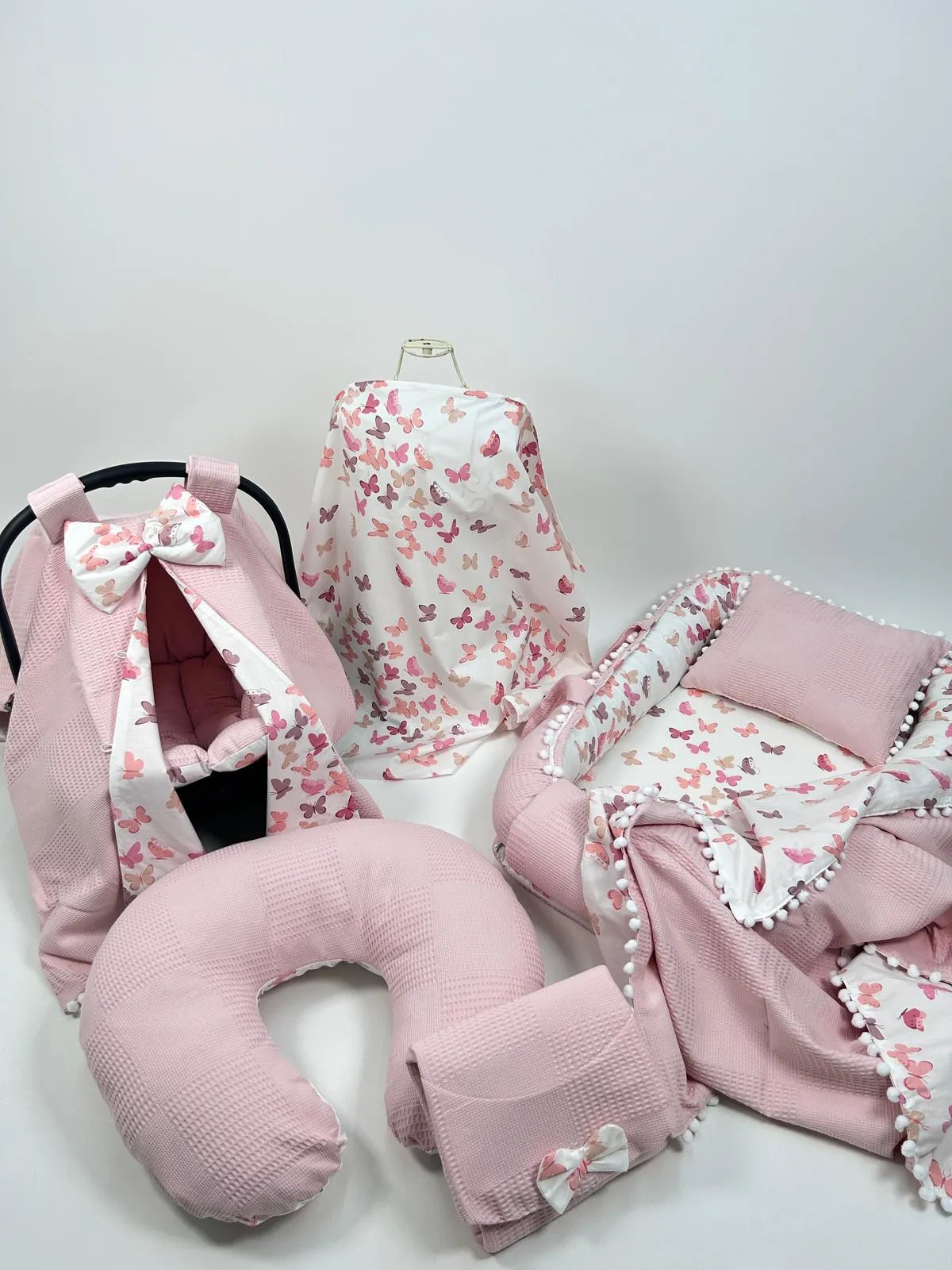 Babynest 8'li set pudra pembe waffle klasik pike - pudra kelebekli poplin