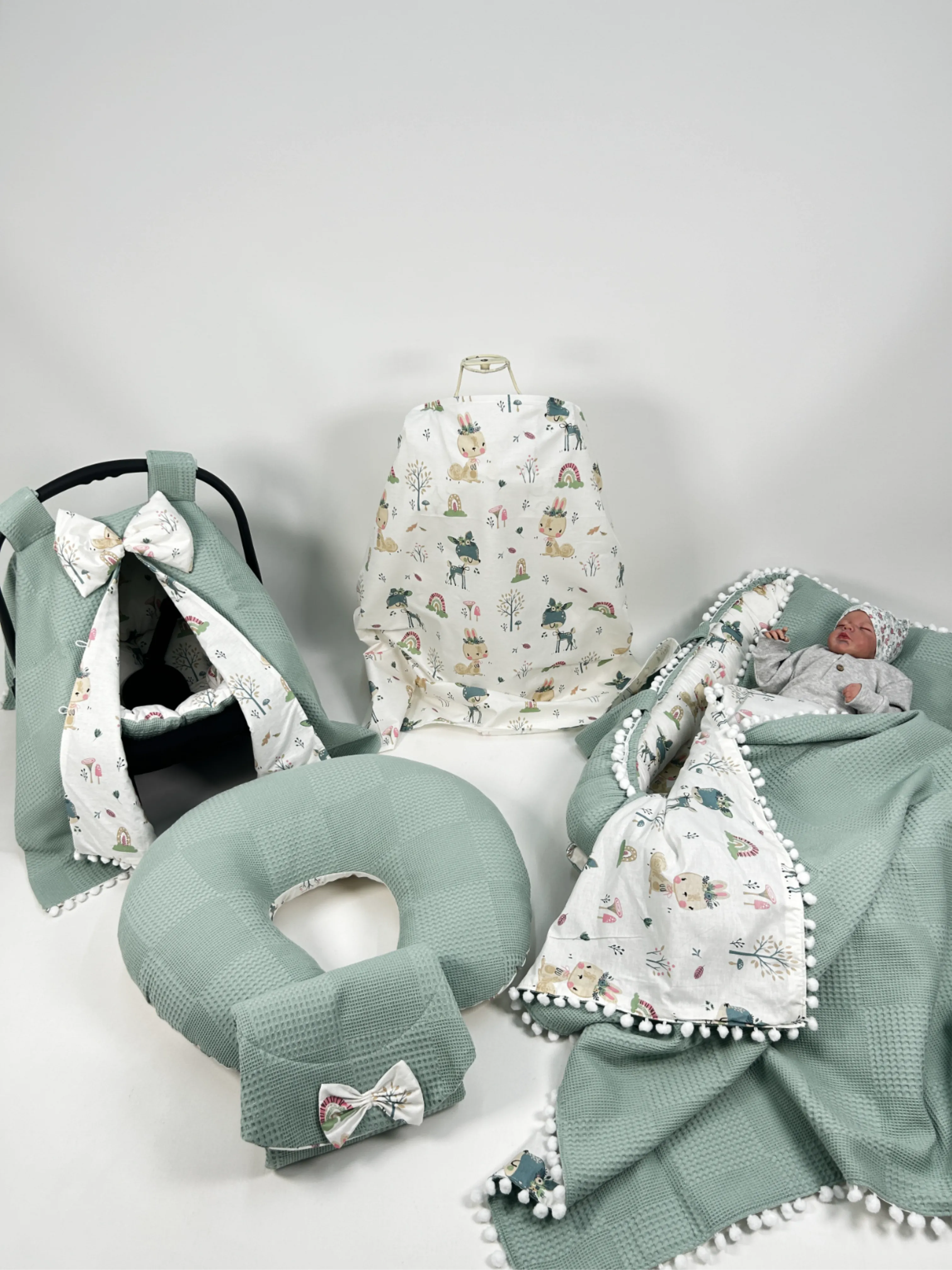 Babynest 8'li set yeşil waffle pike - yeni ceylanlı poplin