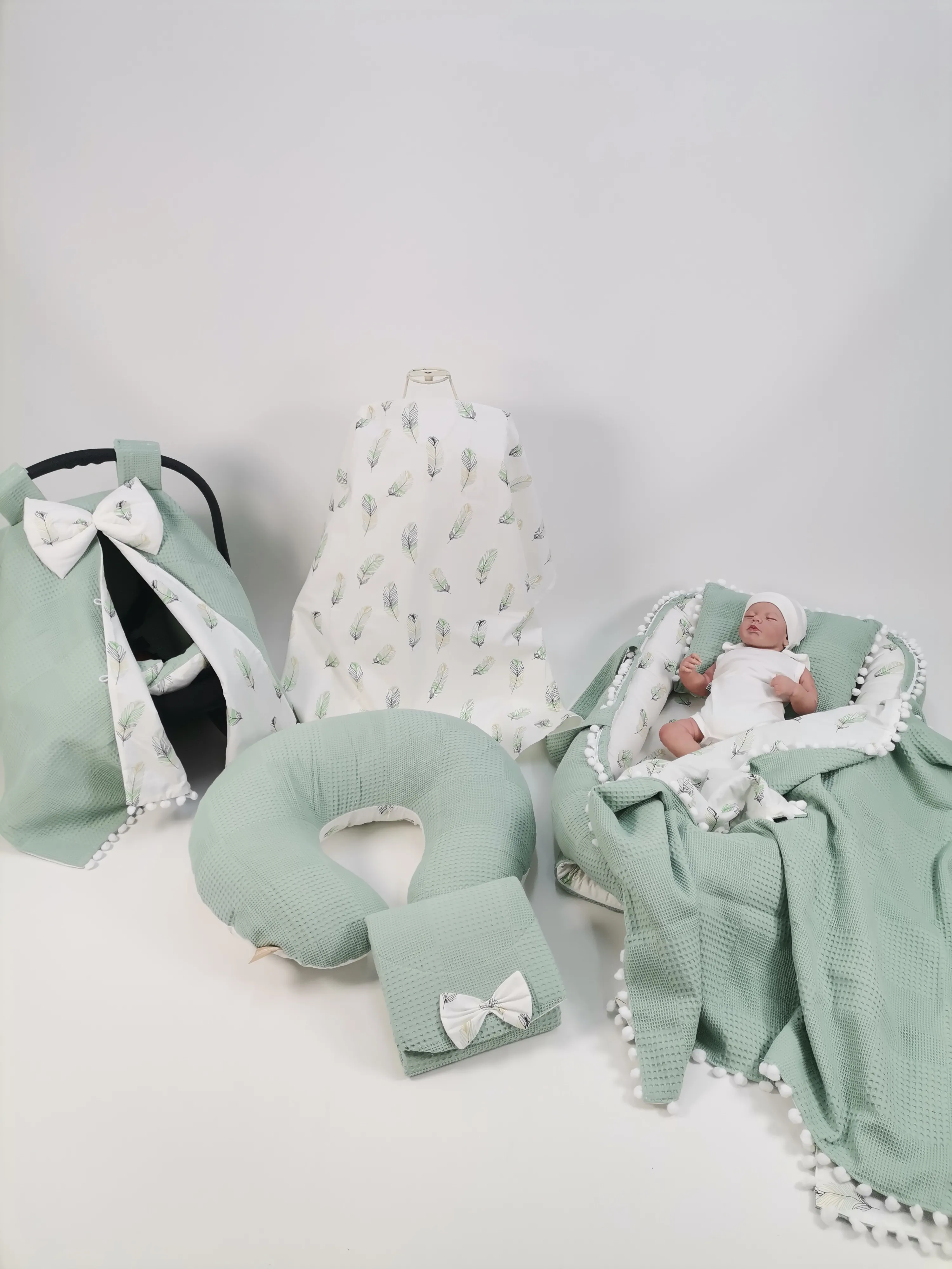 Babynest 8'li set yeşil waffle pike - yeşil tüylü poplin