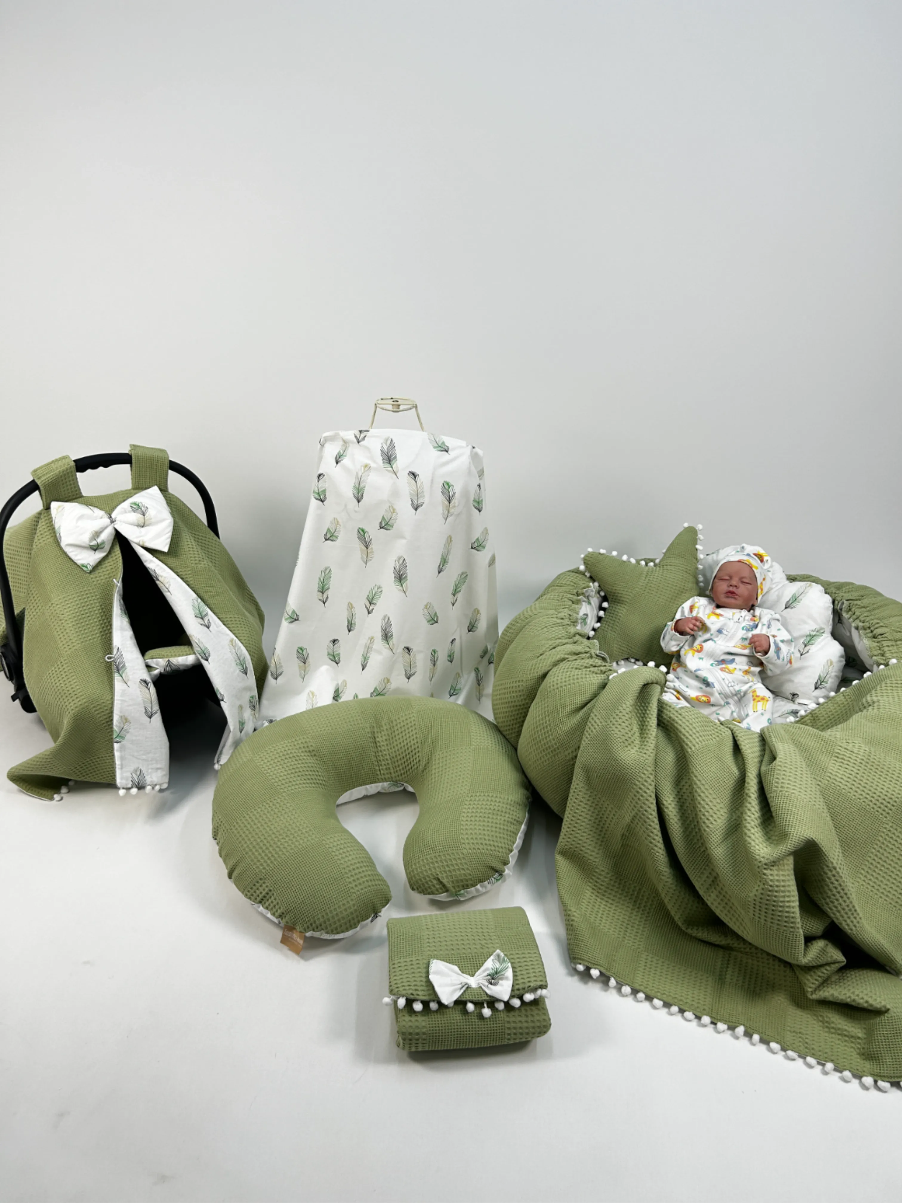 Babynest 9'lu set fıstık yeşili waffle pike - yeşil tüylü poplin
