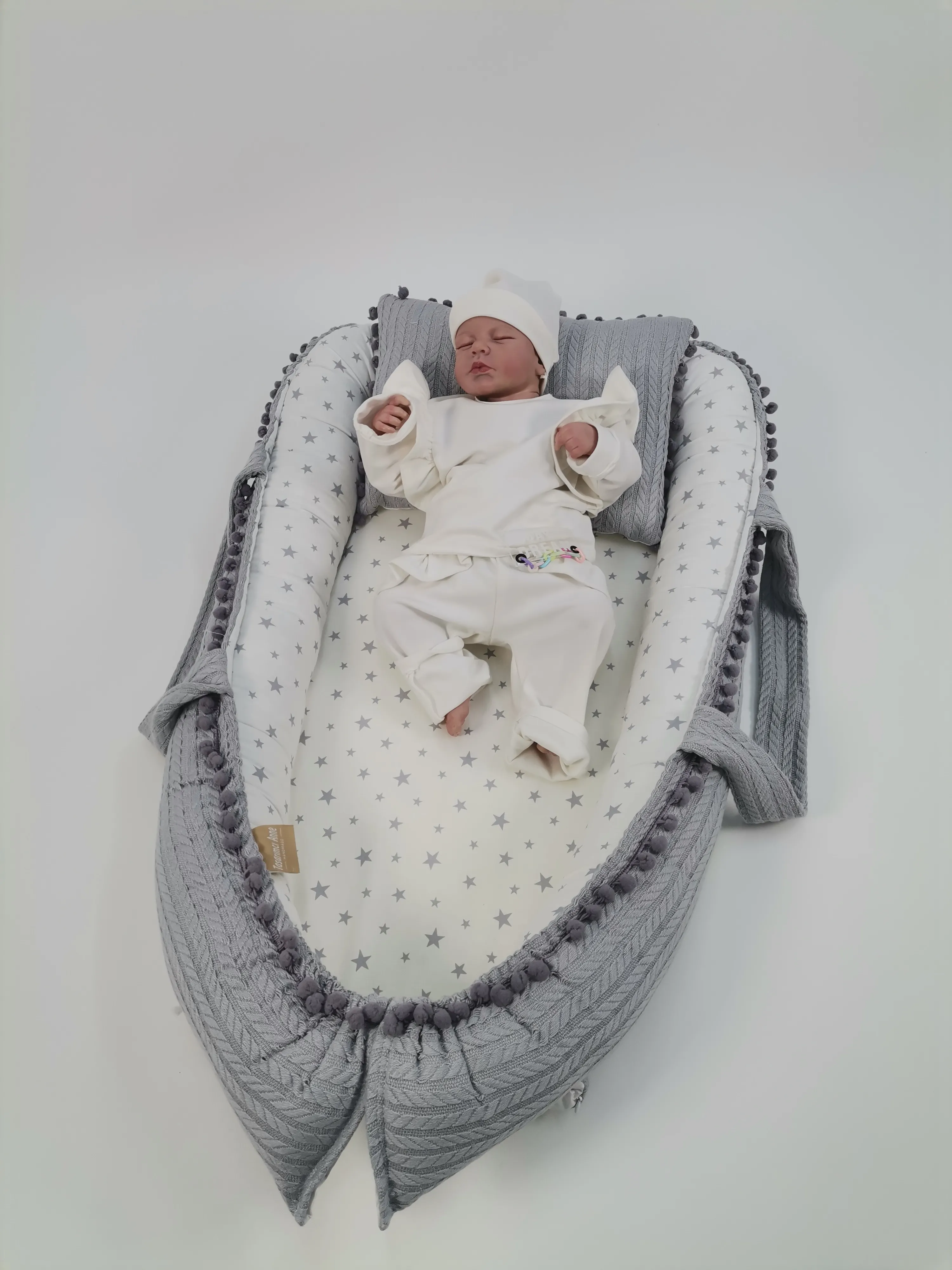 Babynest gri örgü pike - gri yıldızlı poplin