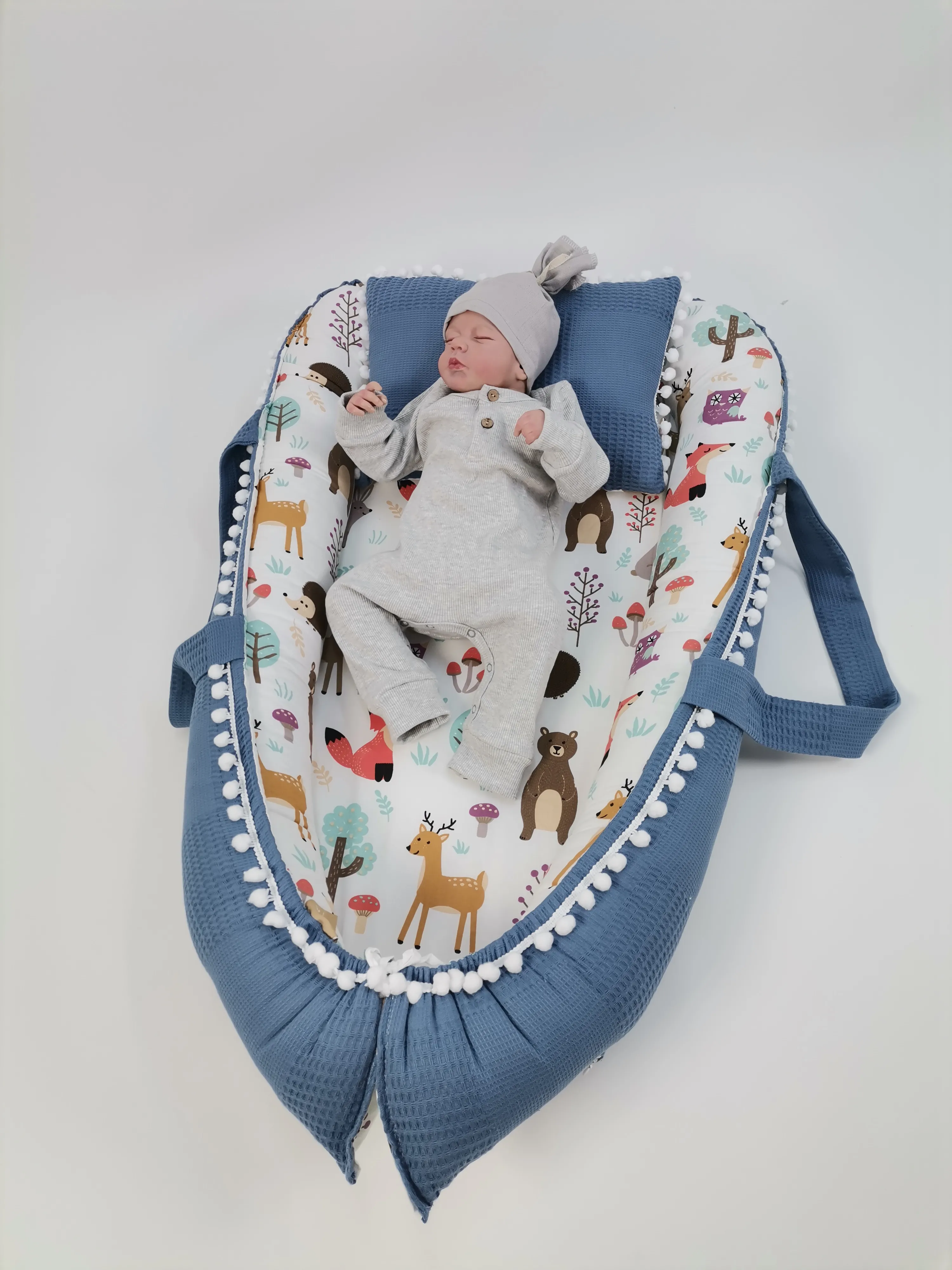 Babynest indigo mavi waffle pike - hayvan figürlü poplin