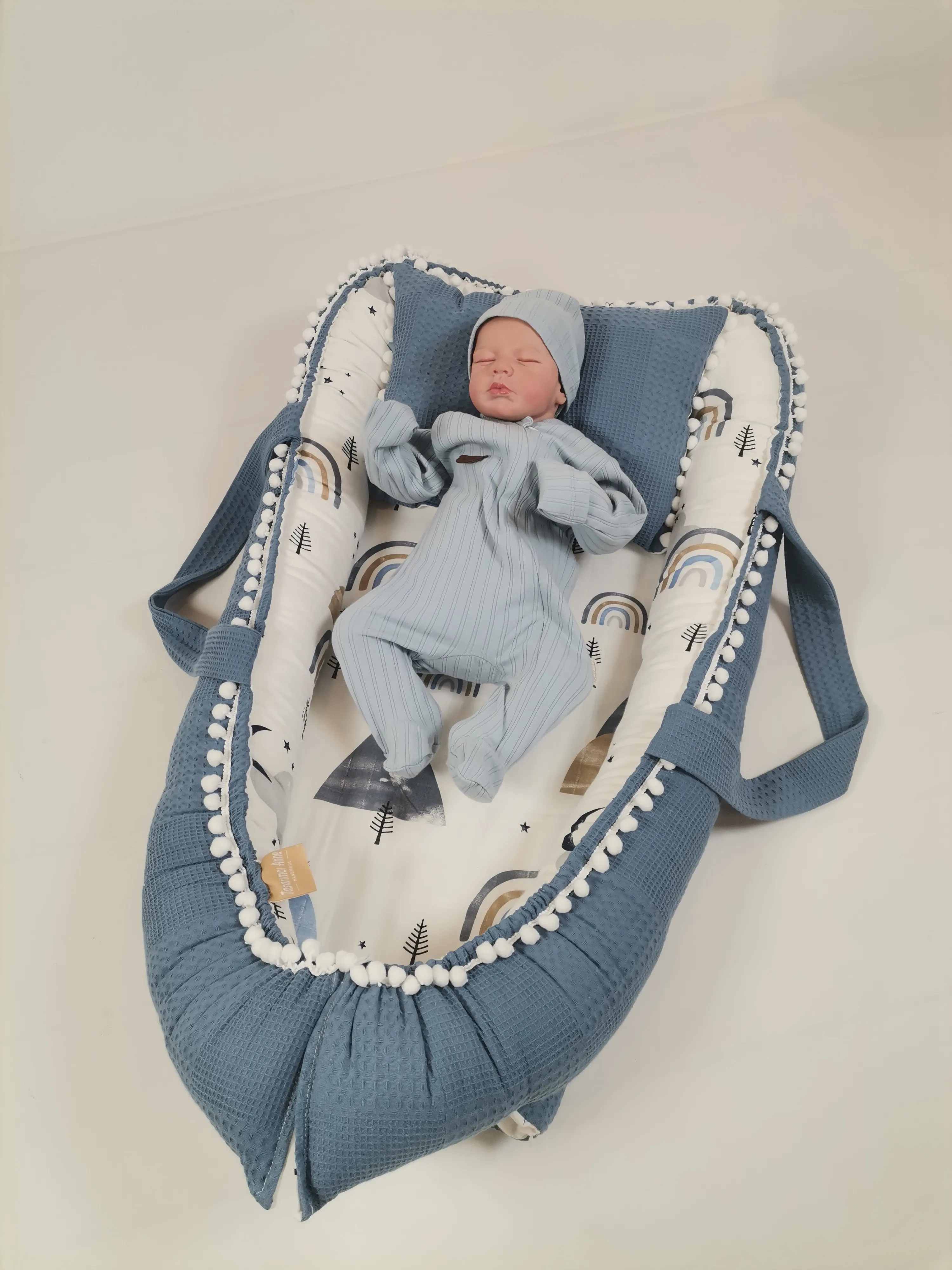 Babynest indigo mavi waffle pike - yeni bej gri mavi gökkuşaklı poplin