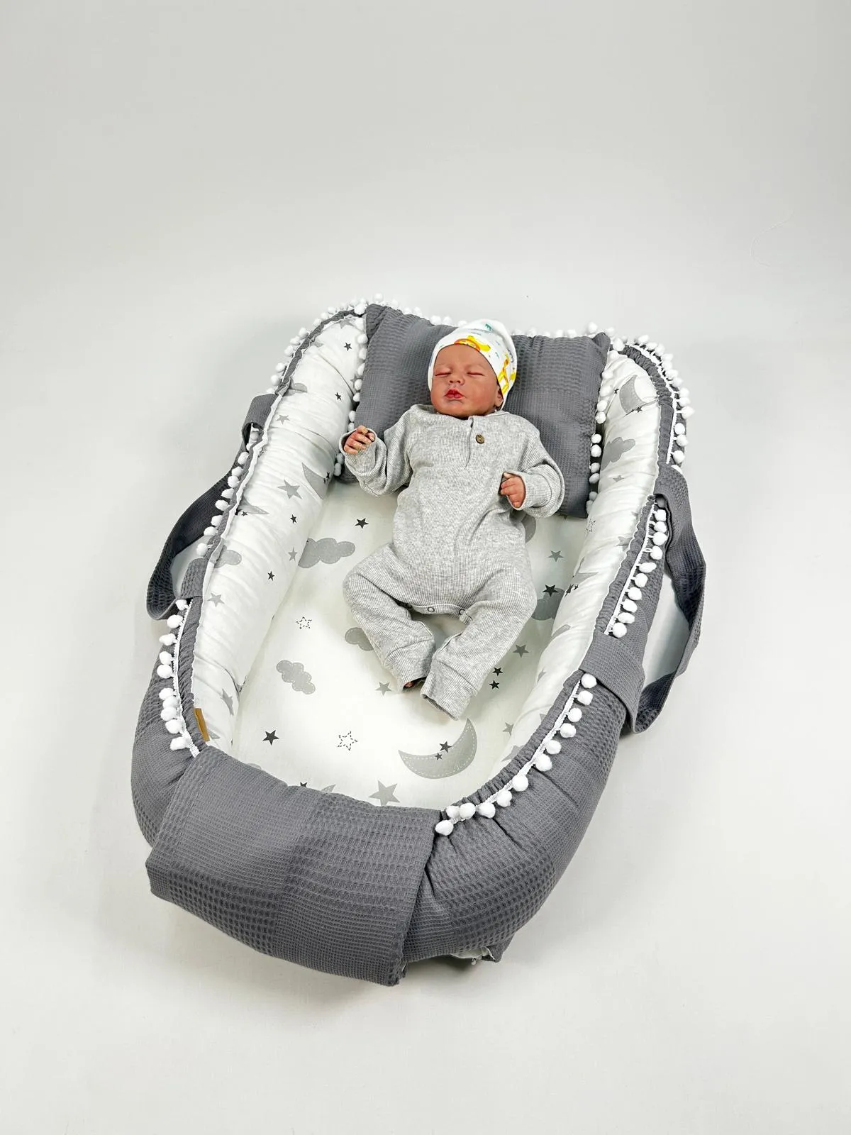 Babynest koyu gri waffle pike - gri aylı bulutlu poplin