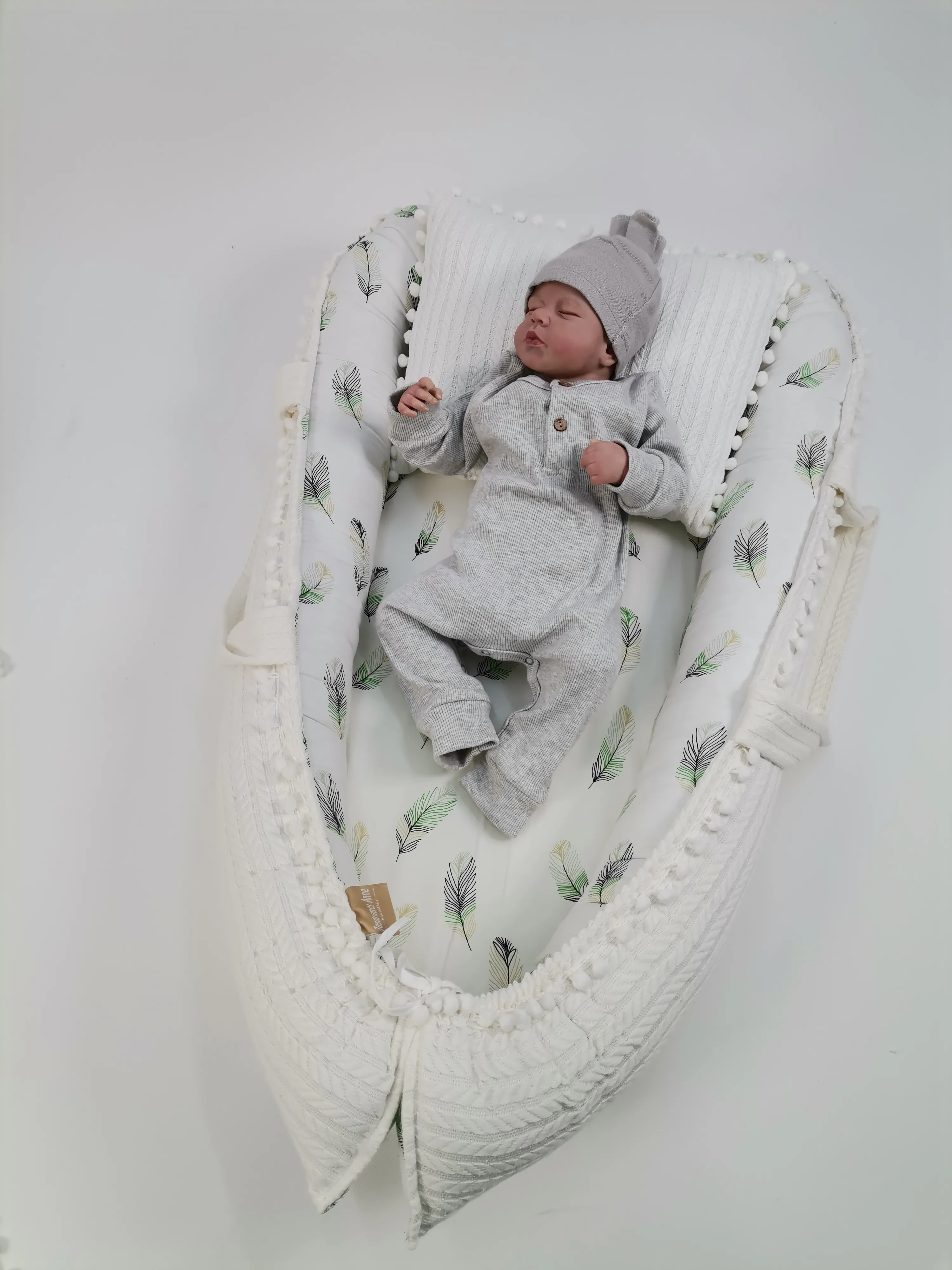 Babynest krem örgü pike - yeşil tüylü poplin