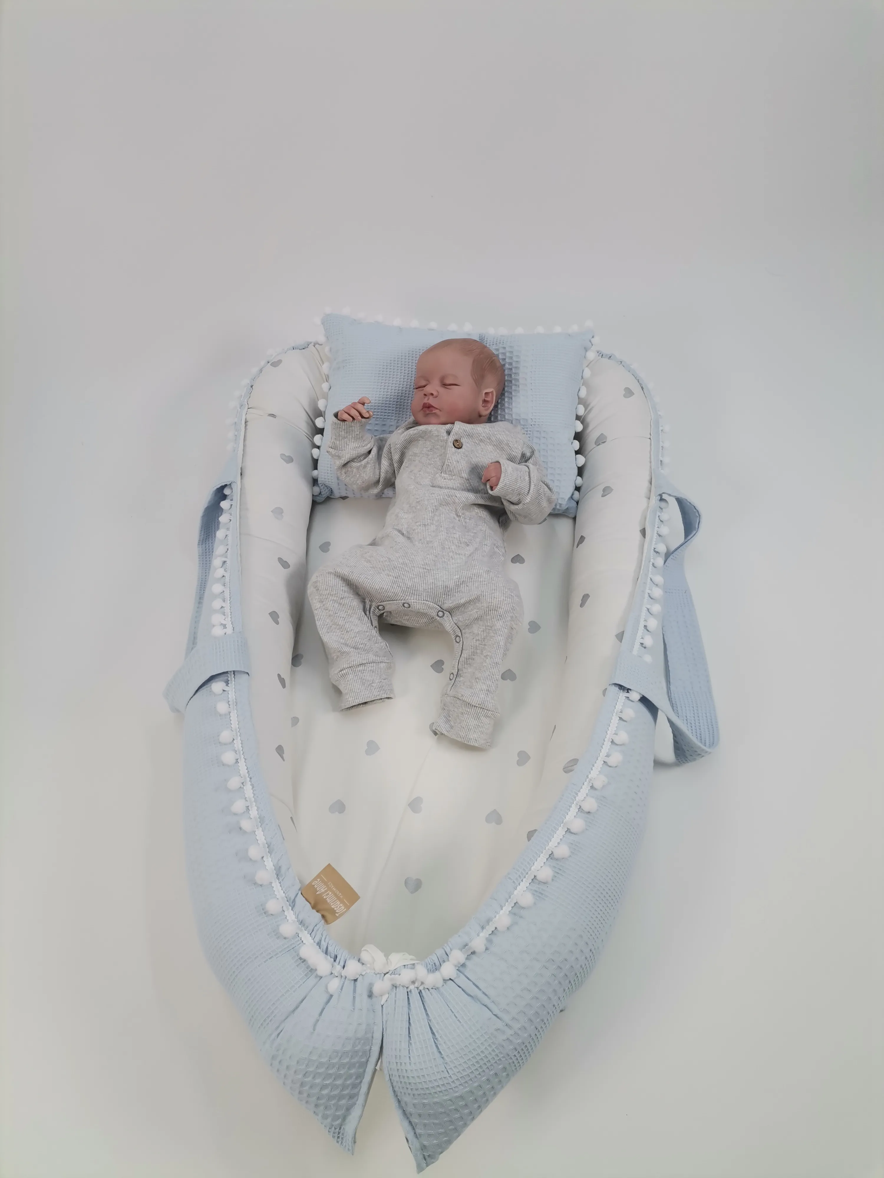 Babynest mavi waffle pike - gümüş kalpli poplin