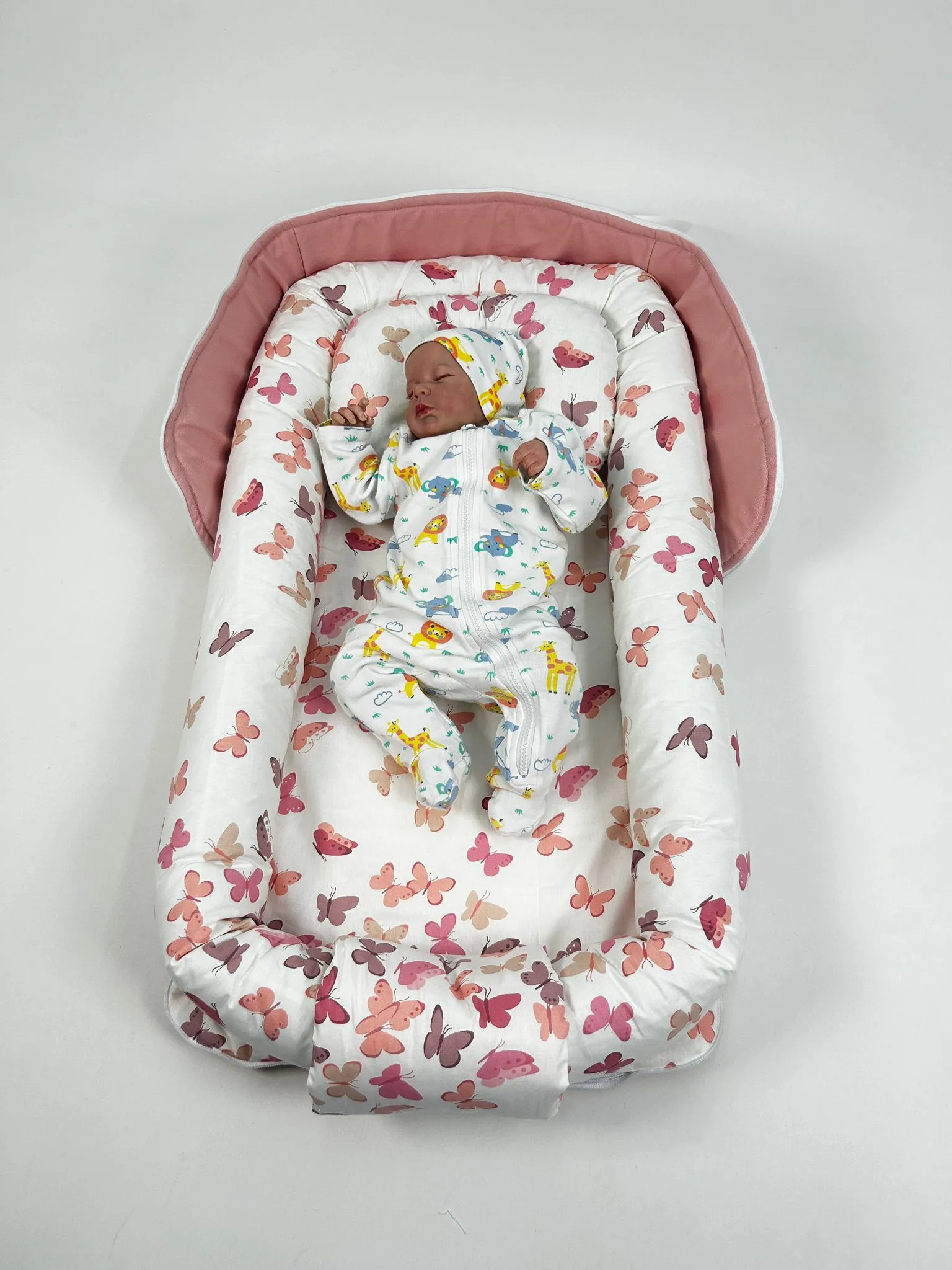 Çantalı babynest pudra pembe panama keten  - pudra kelebekli poplin