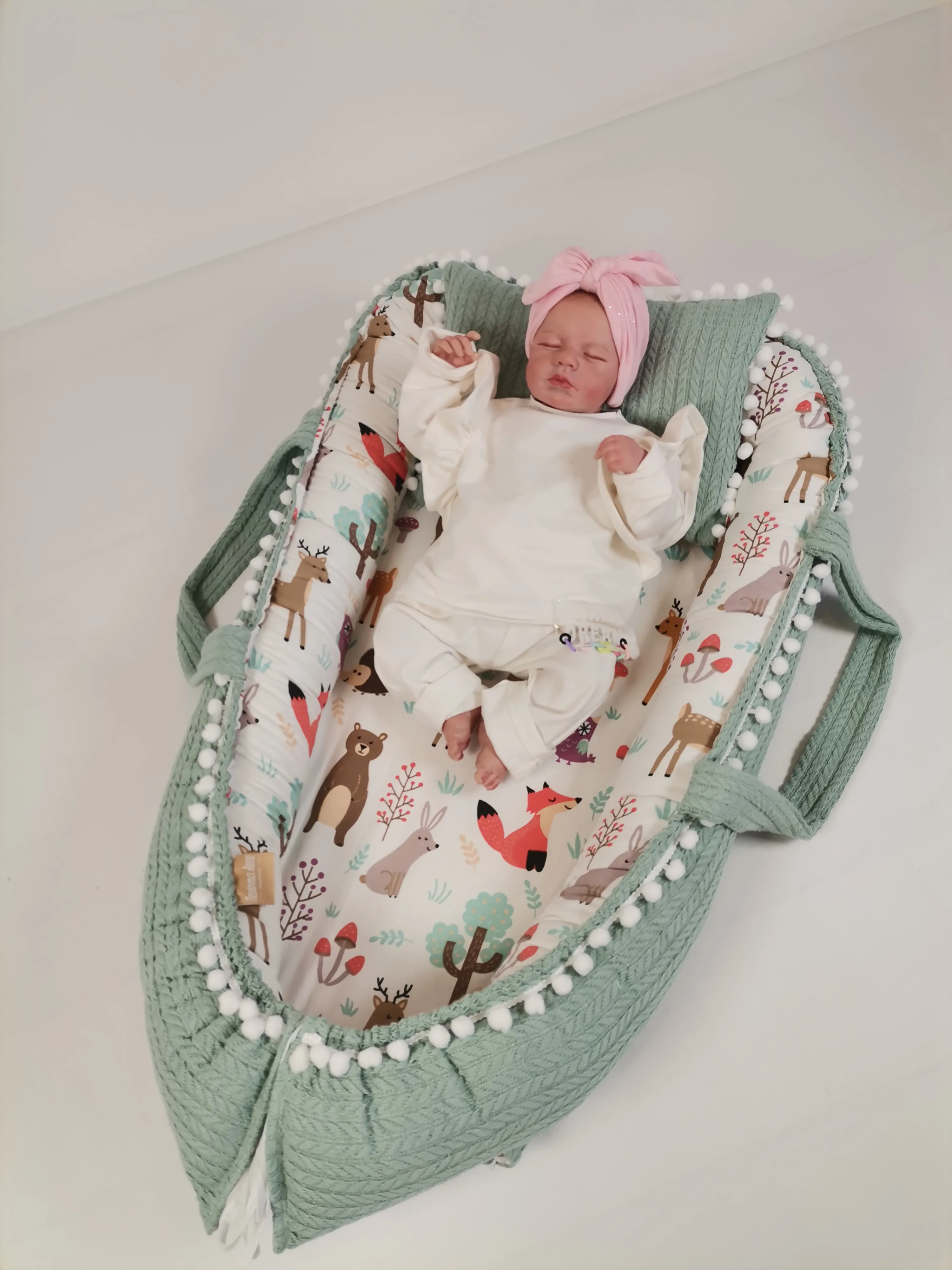 Babynest yeşil örgü pike - hayvan figürlü poplin