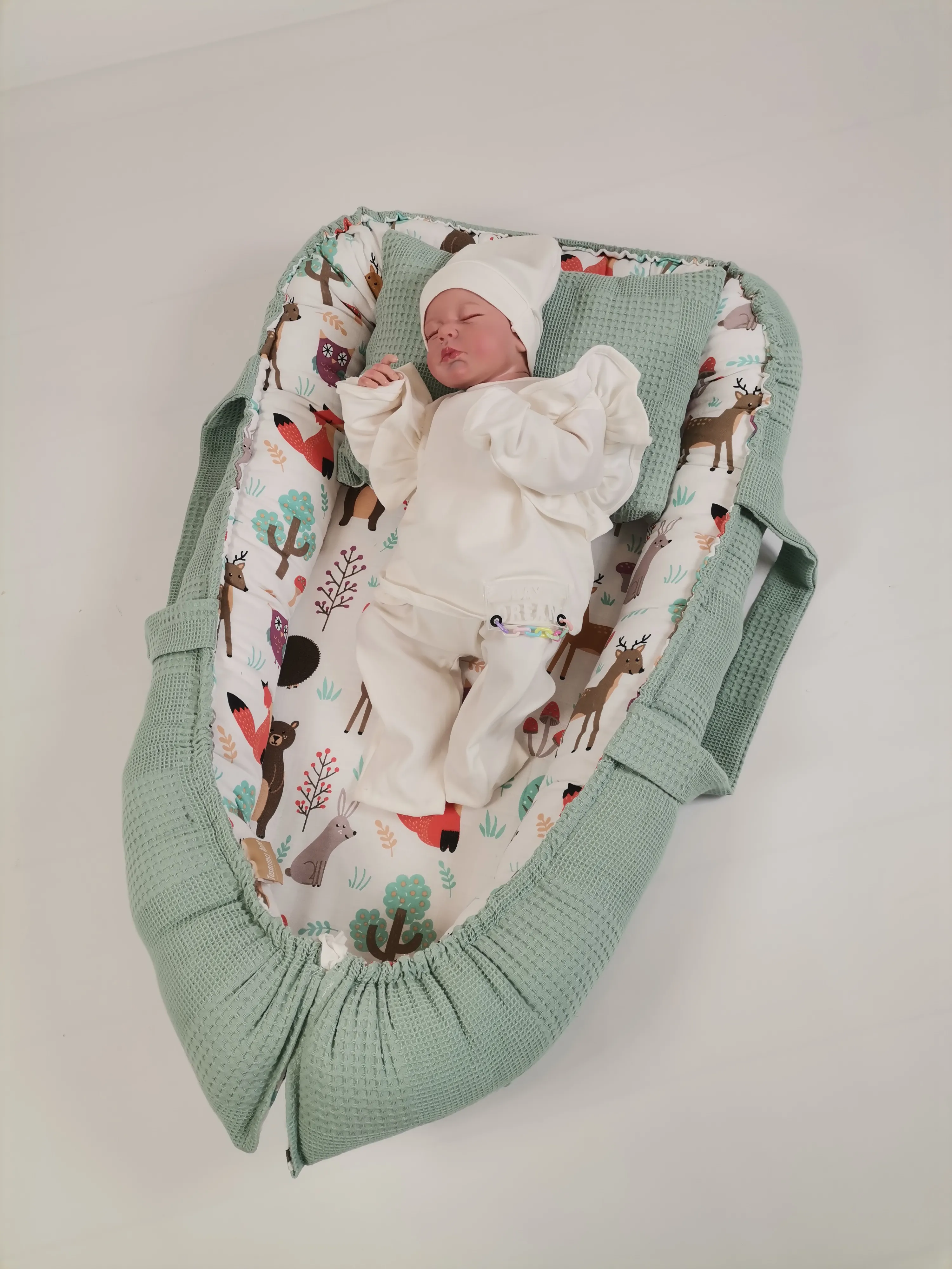 Babynest yeşil waffle pike - hayvan figürlü müslin
