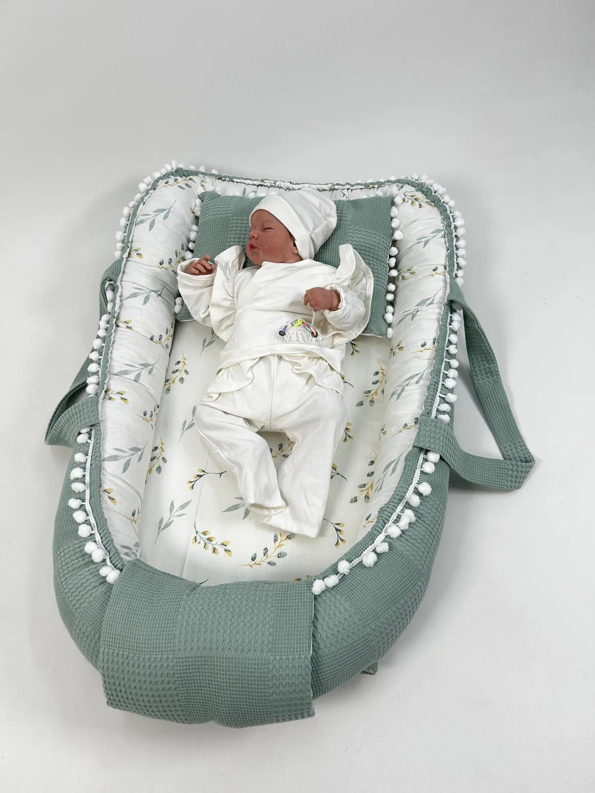 Babynest yeşil waffle pike - yeşil zeytin dalı desenli poplin