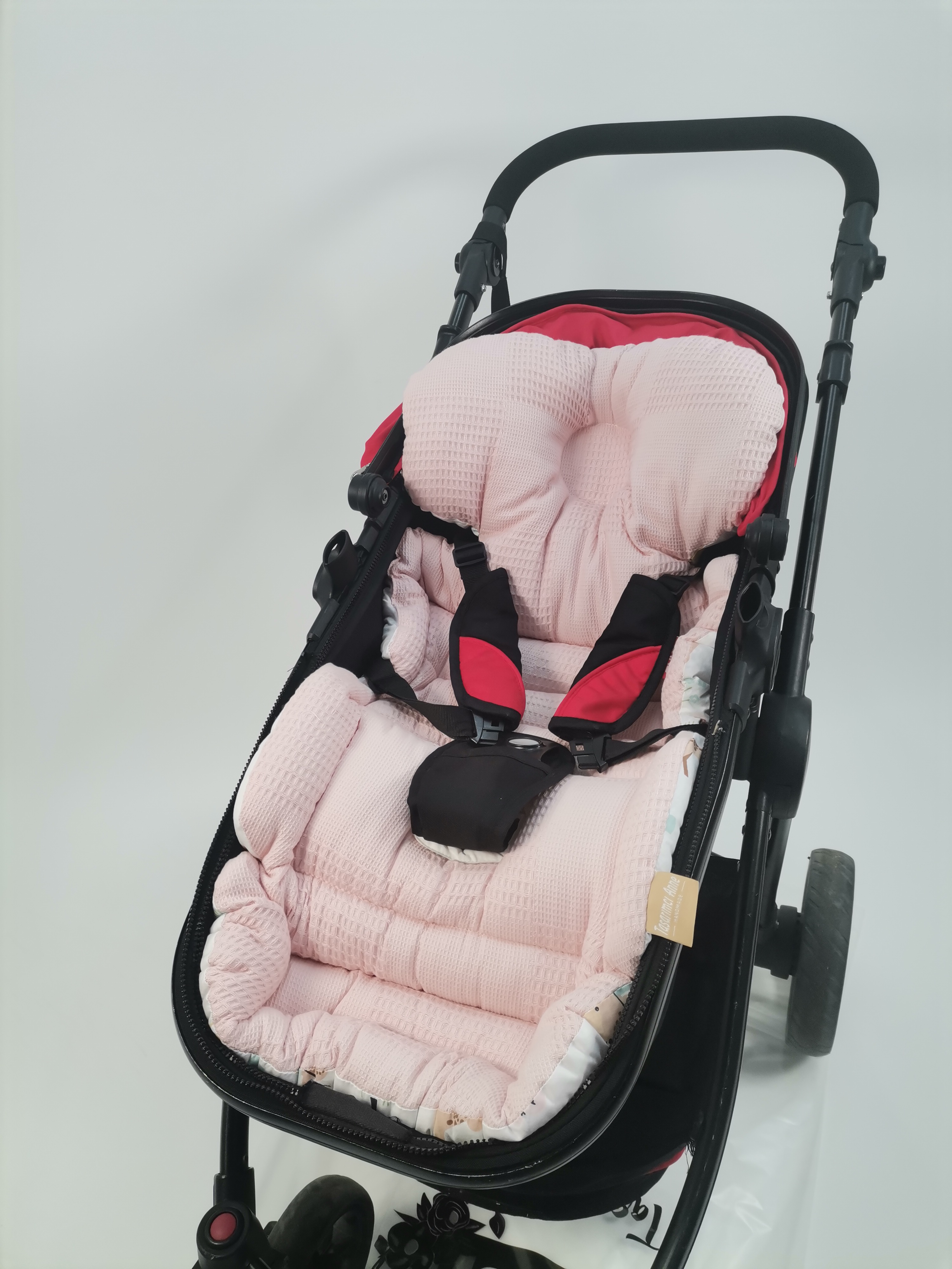 Bebek arabası minderi pudra pembe waffle pike - pembe tüylü poplin
