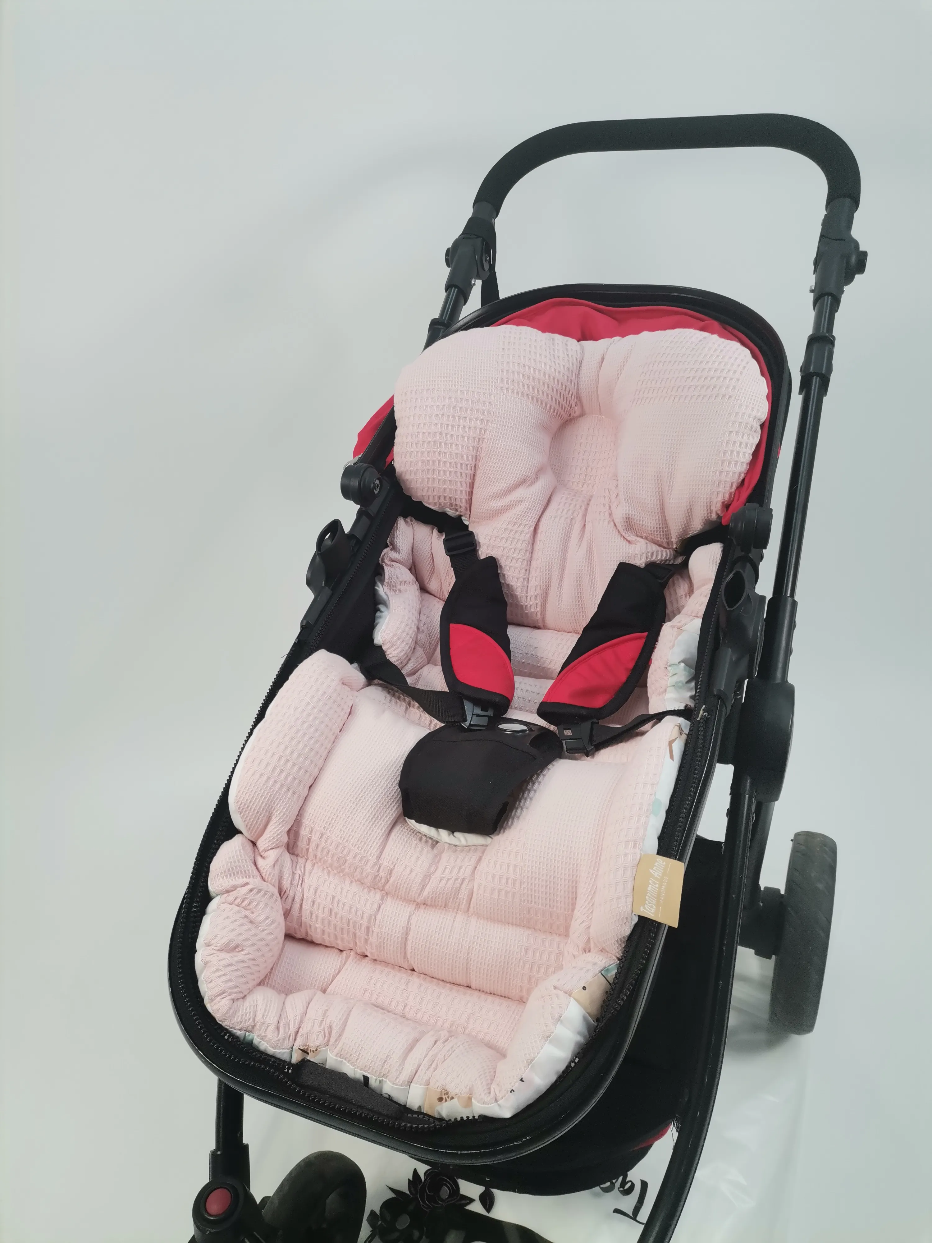 Bebek arabası minderi pudra pembe waffle pike - karacalı poplin