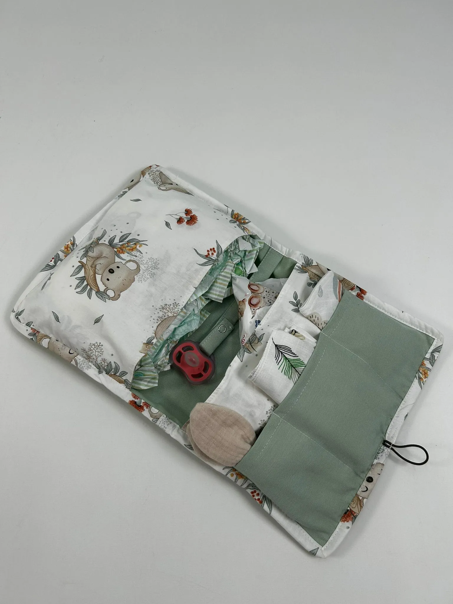 Bebek bakım çantası organizer yeşil - koala desenli poplin 