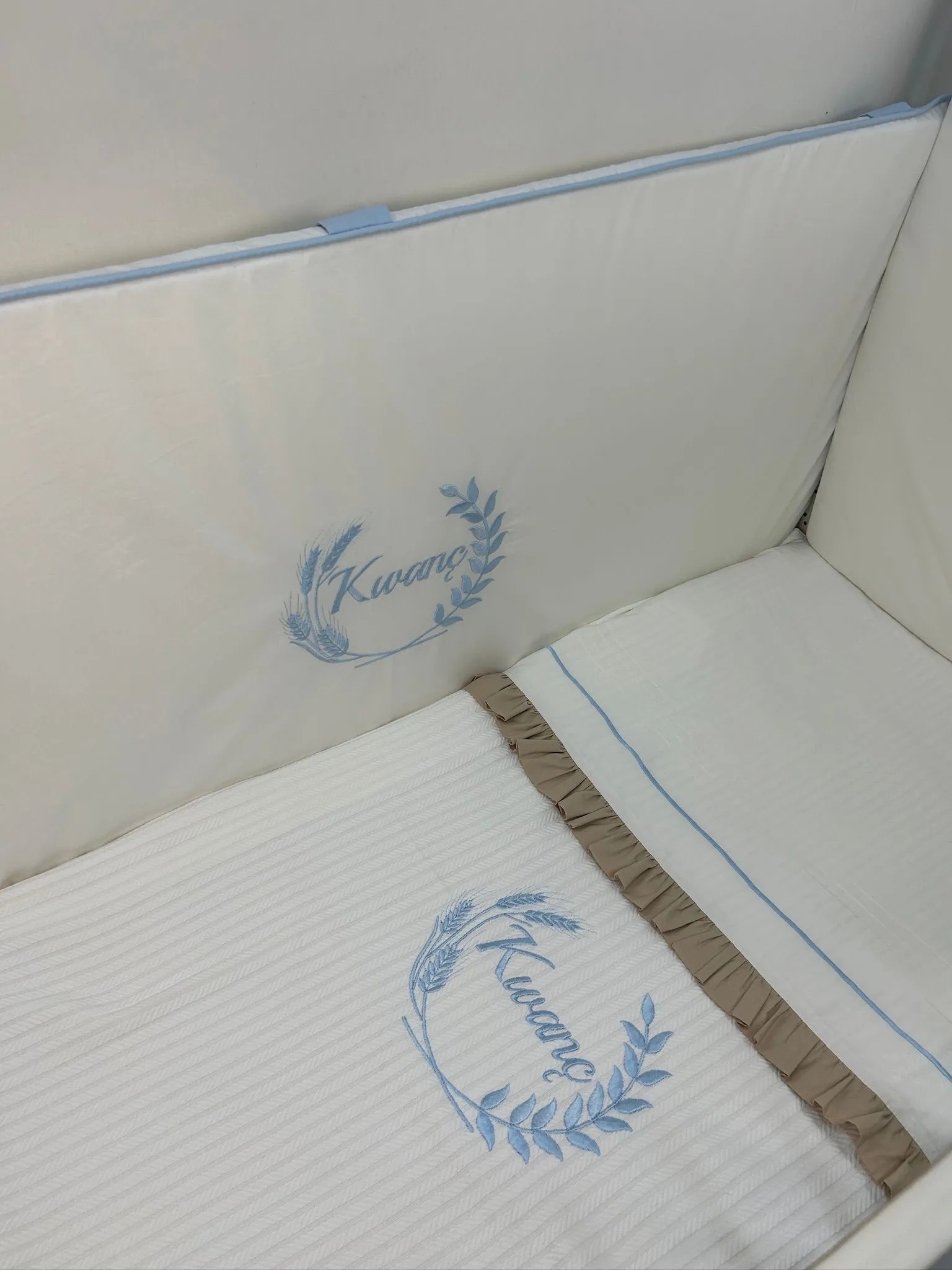 Beşik korumalığı fitilli beyaz poplin - mavi poplin isim ve desen işlemeli