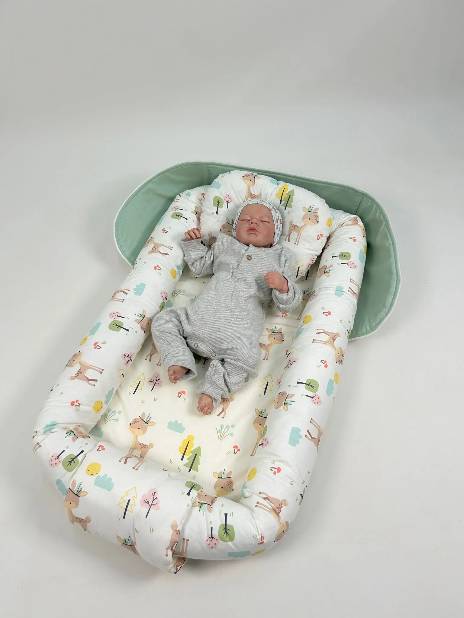 Çantalı babynest yeşil panama keten  - karacalı poplin