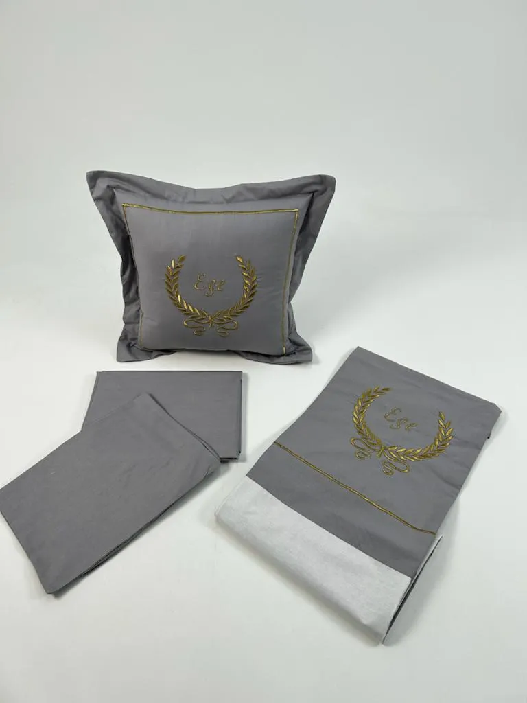 Nevresim takımı  nakış işlemeli beyaz poplin - koyu gri poplin