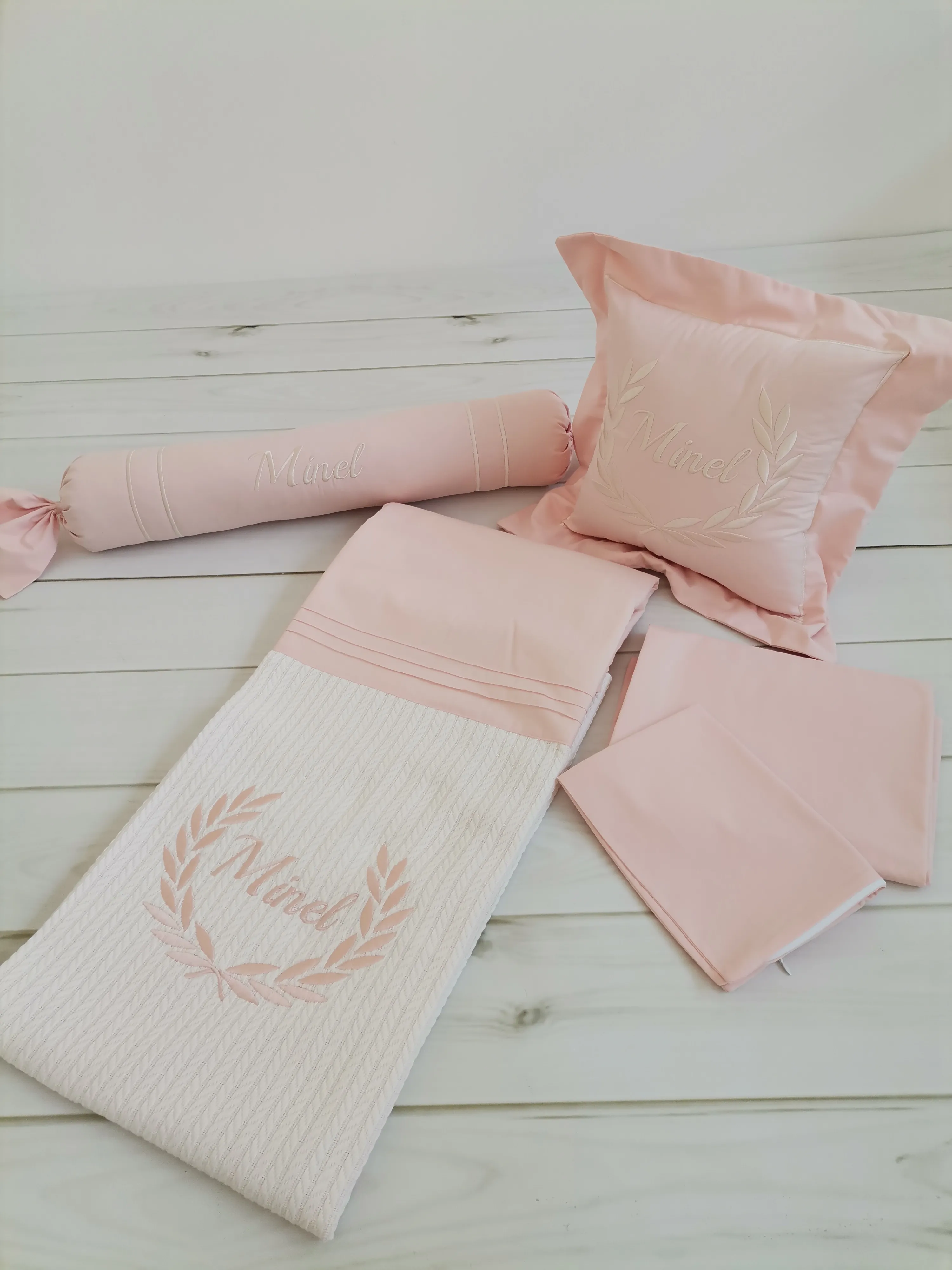 Pike takımı 5 parça krem örgü pike - somon poplin