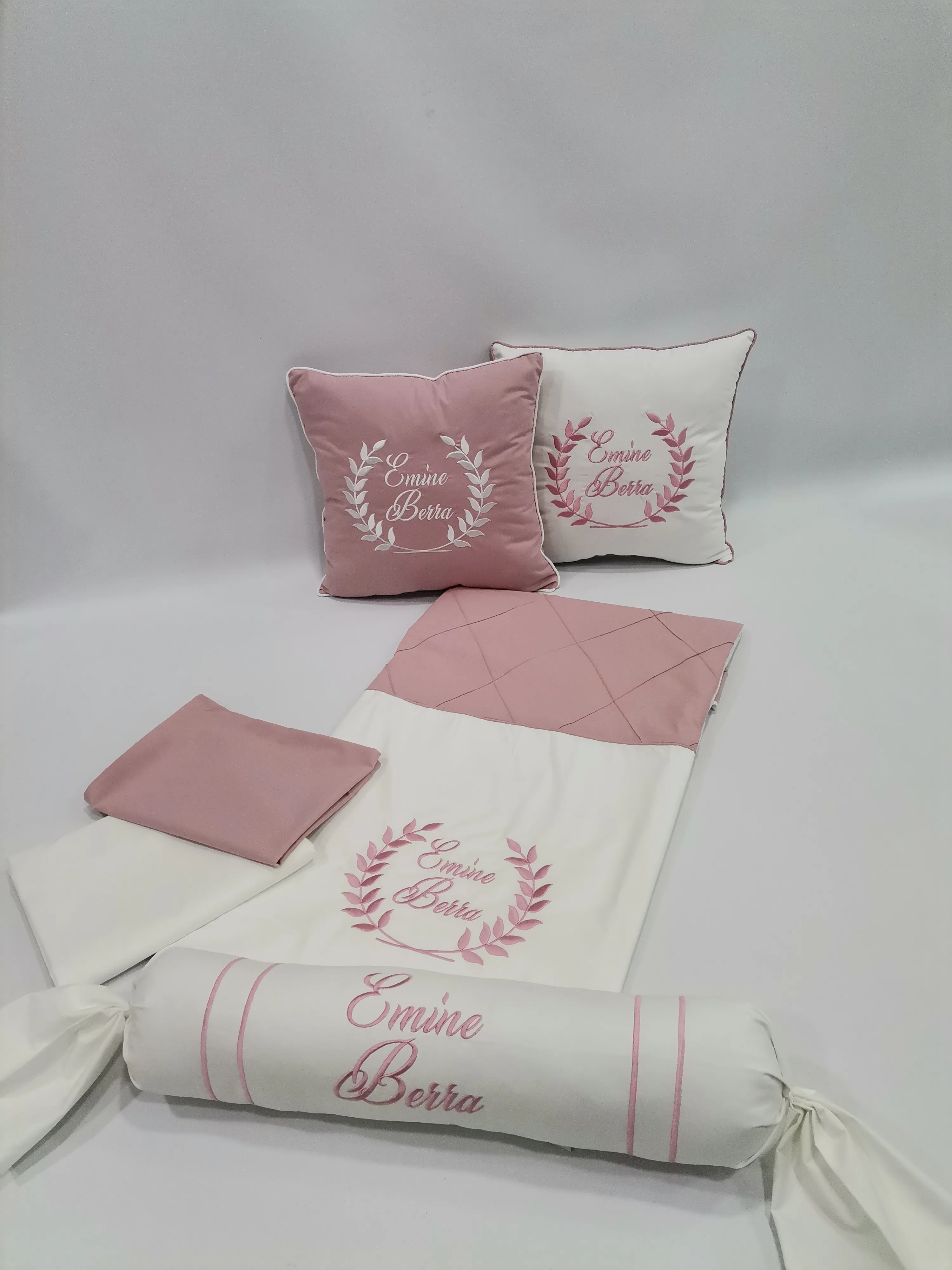 Pike takımı 6 parça baklava desenli pike - gül kurusu poplin