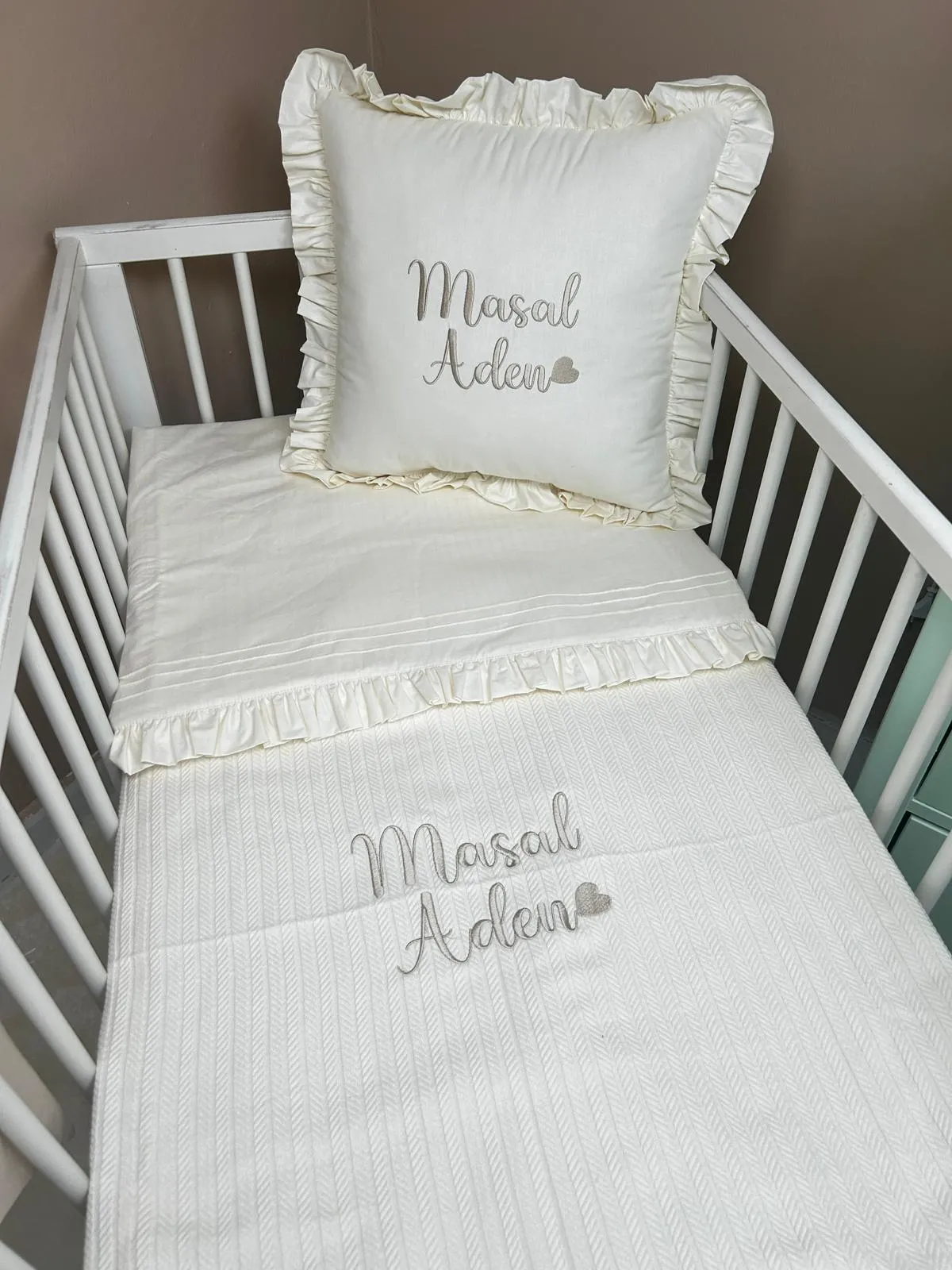 Pike takımı 4 parça krem örgü pike - krem poplin 
