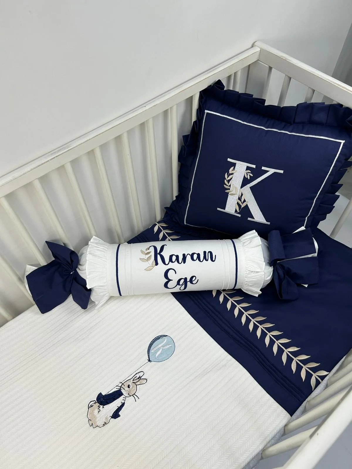 Pike takımı 5 parça beyaz örgü pike - lacivert poplin 