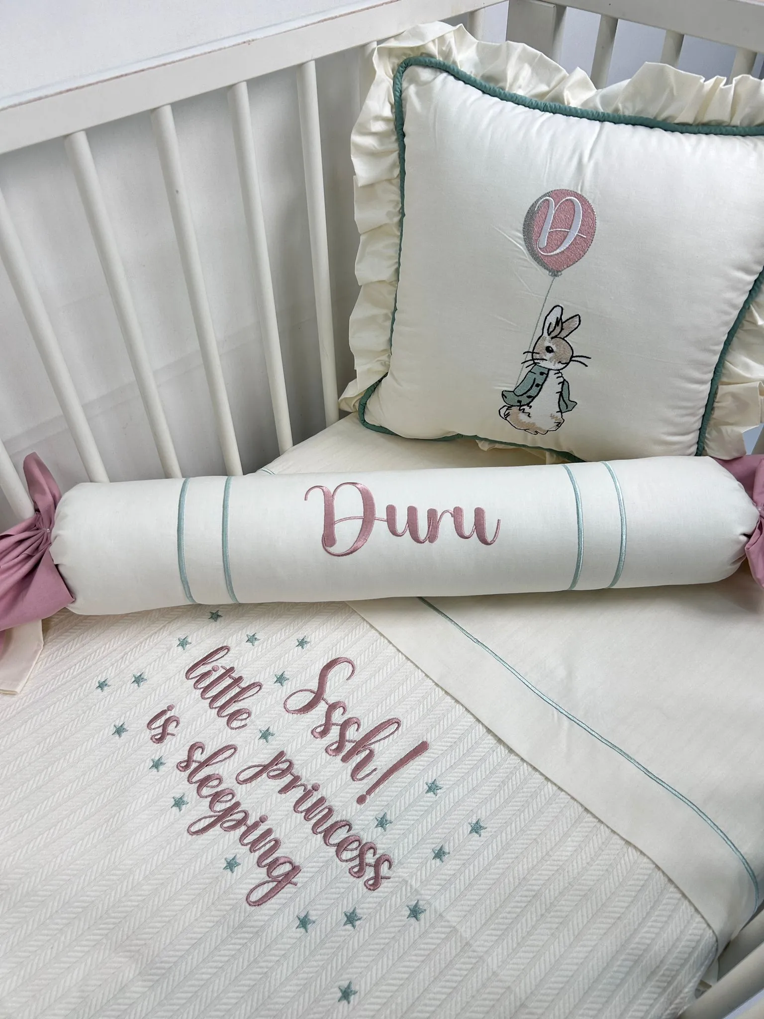 Pike takımı 5 parça krem örgü pike - krem poplin 5
