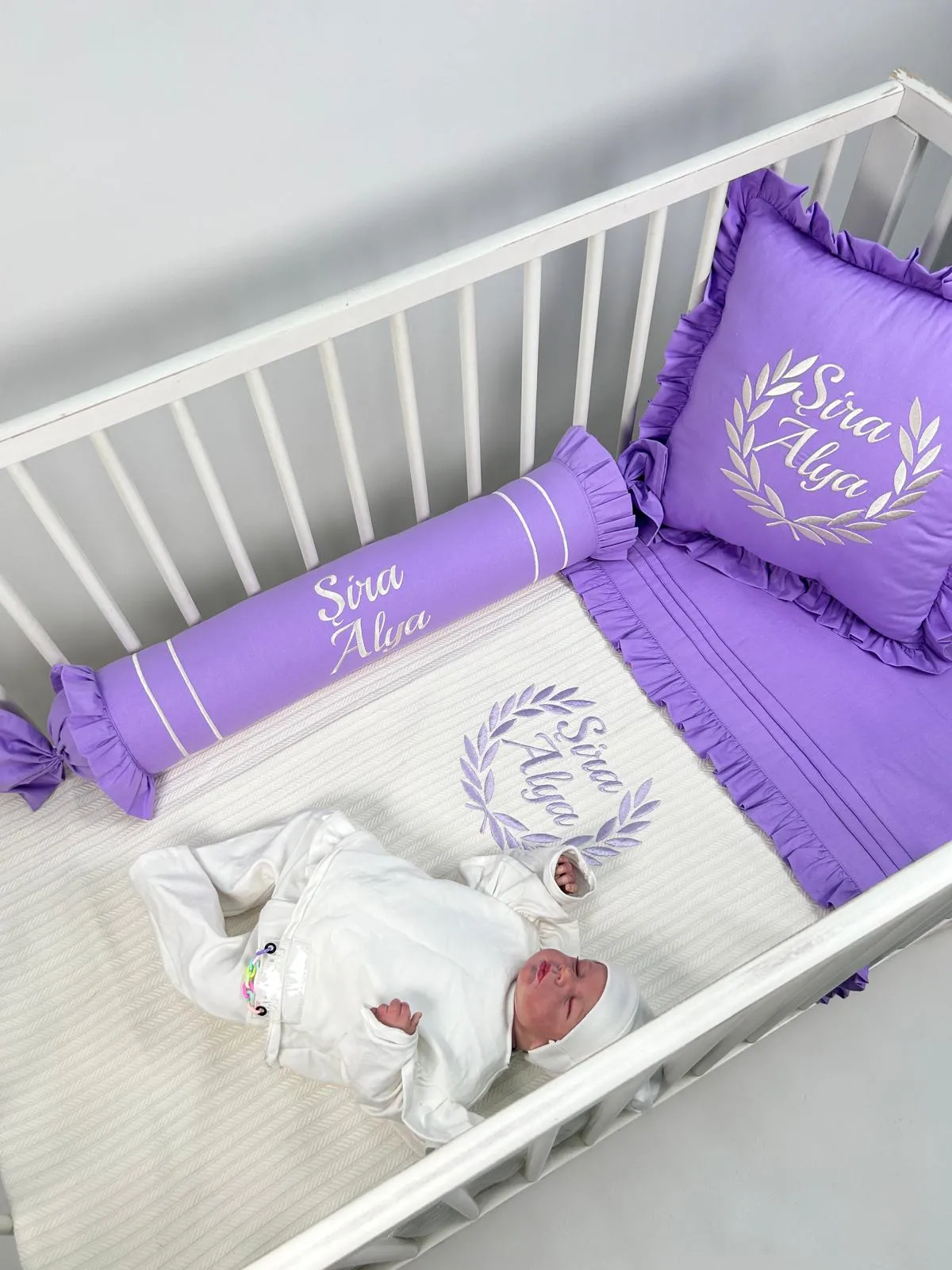 Pike takımı 5 parça krem örgü pike - mor poplin
