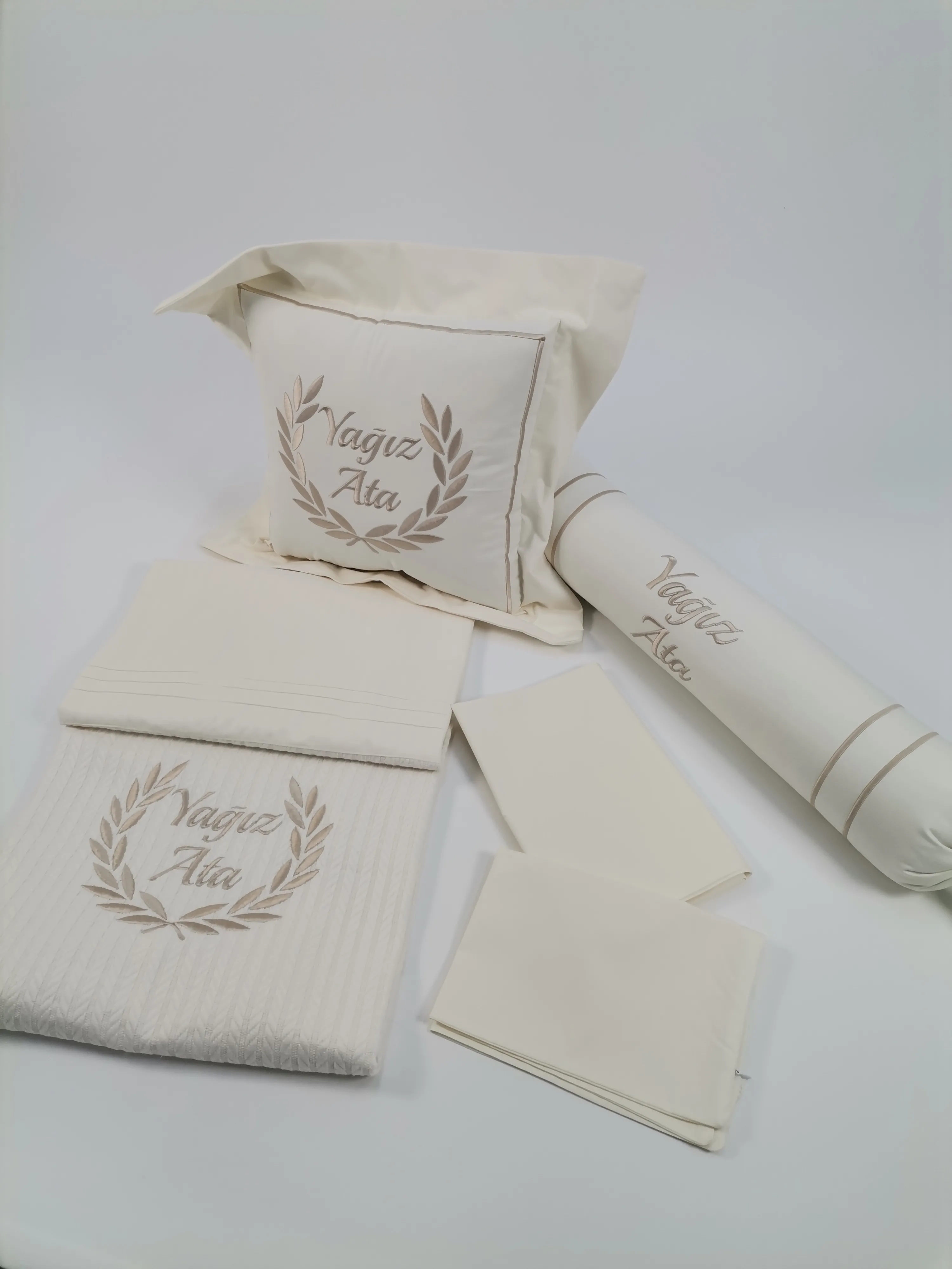 Pike takımı 5 parça krem örgü pike - krem poplin
