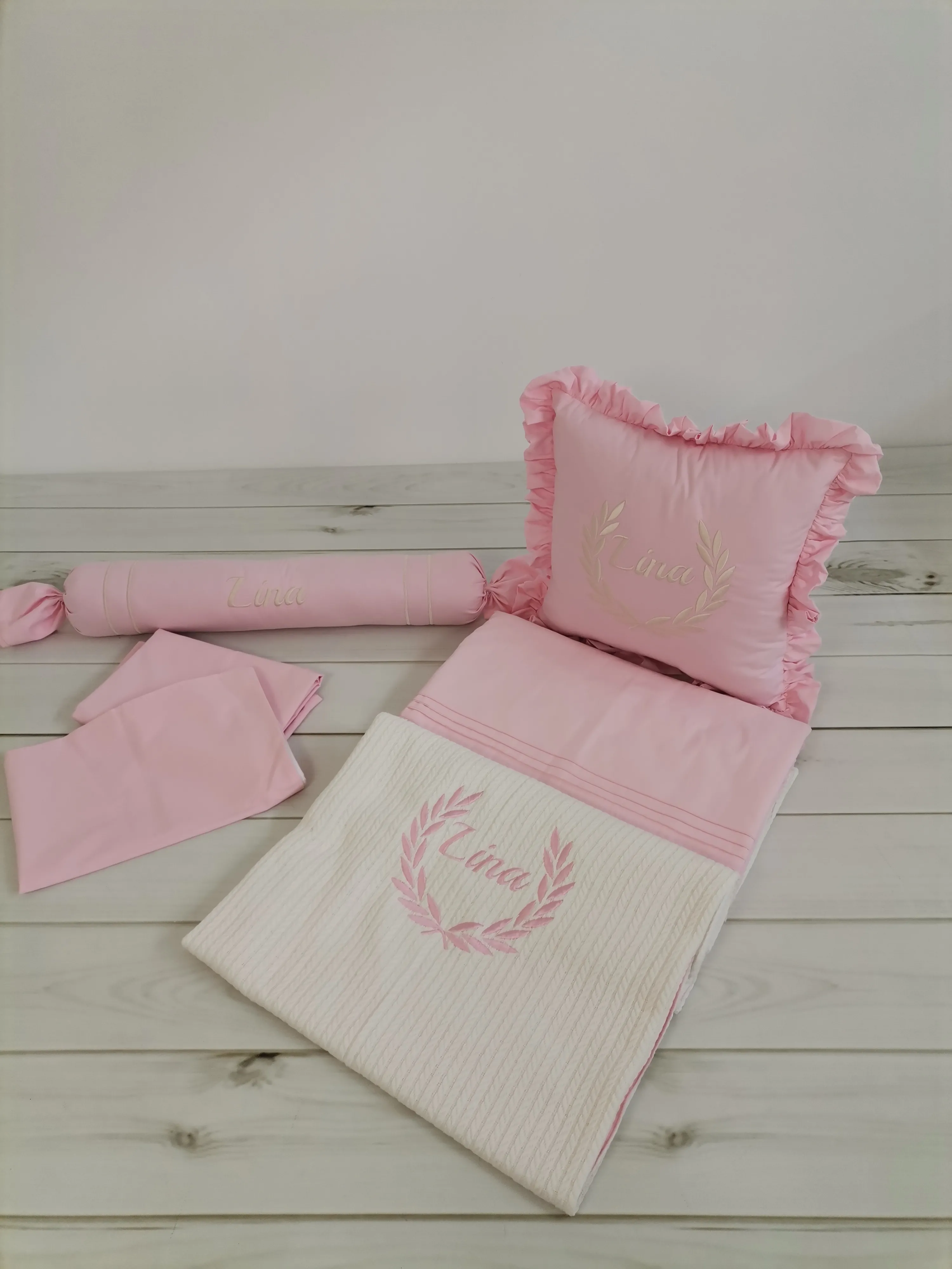 Pike takımı 5 parça krem örgü pike - v29 pembe poplin