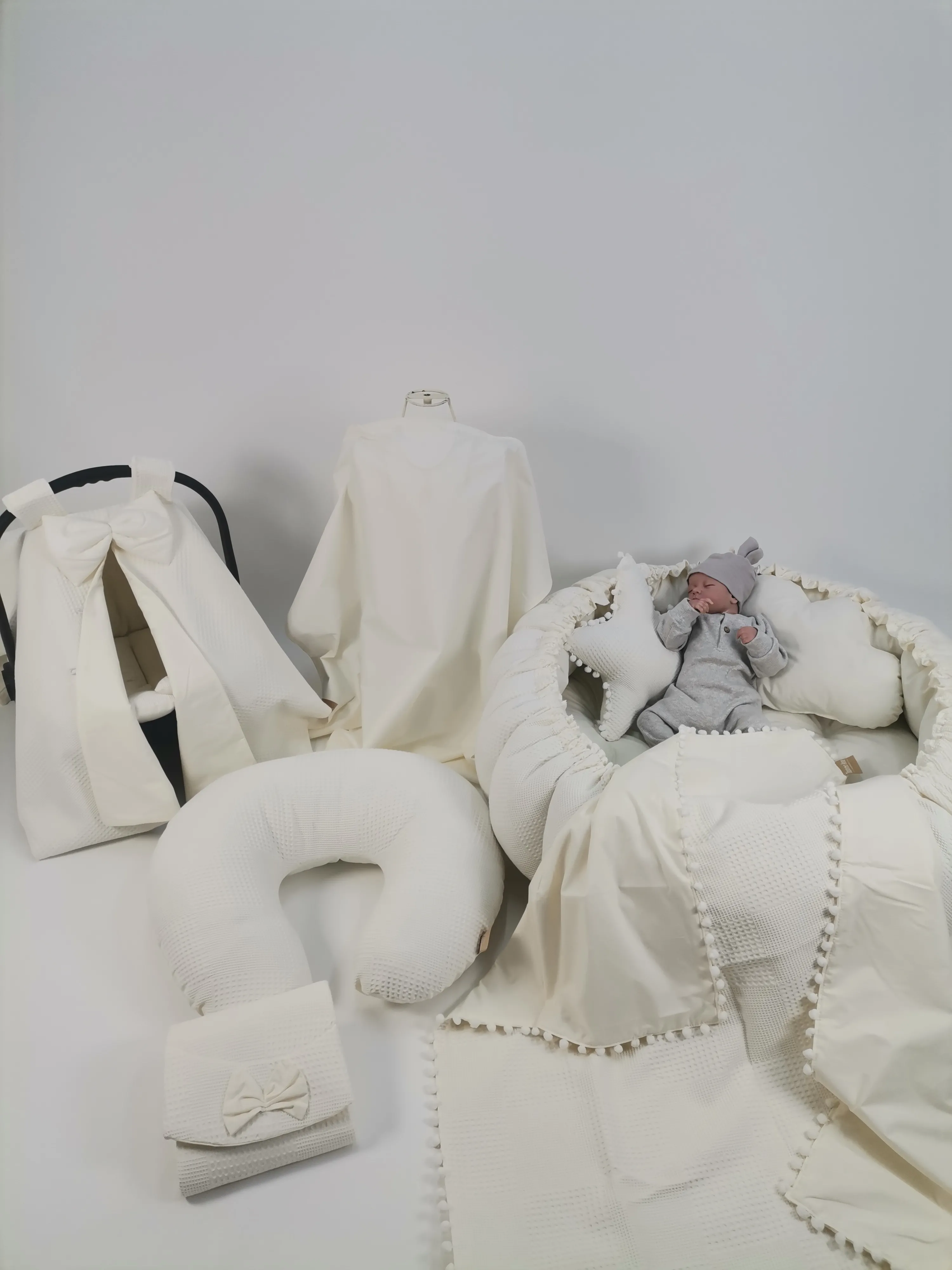Yuvarlak babynest 9'lu set krem waffle pike - krem poplin
