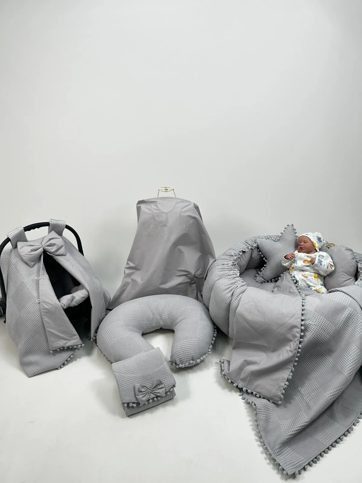 Yuvarlak babynest 9'lu set koyu gri waffle pike - koyu gri poplin
