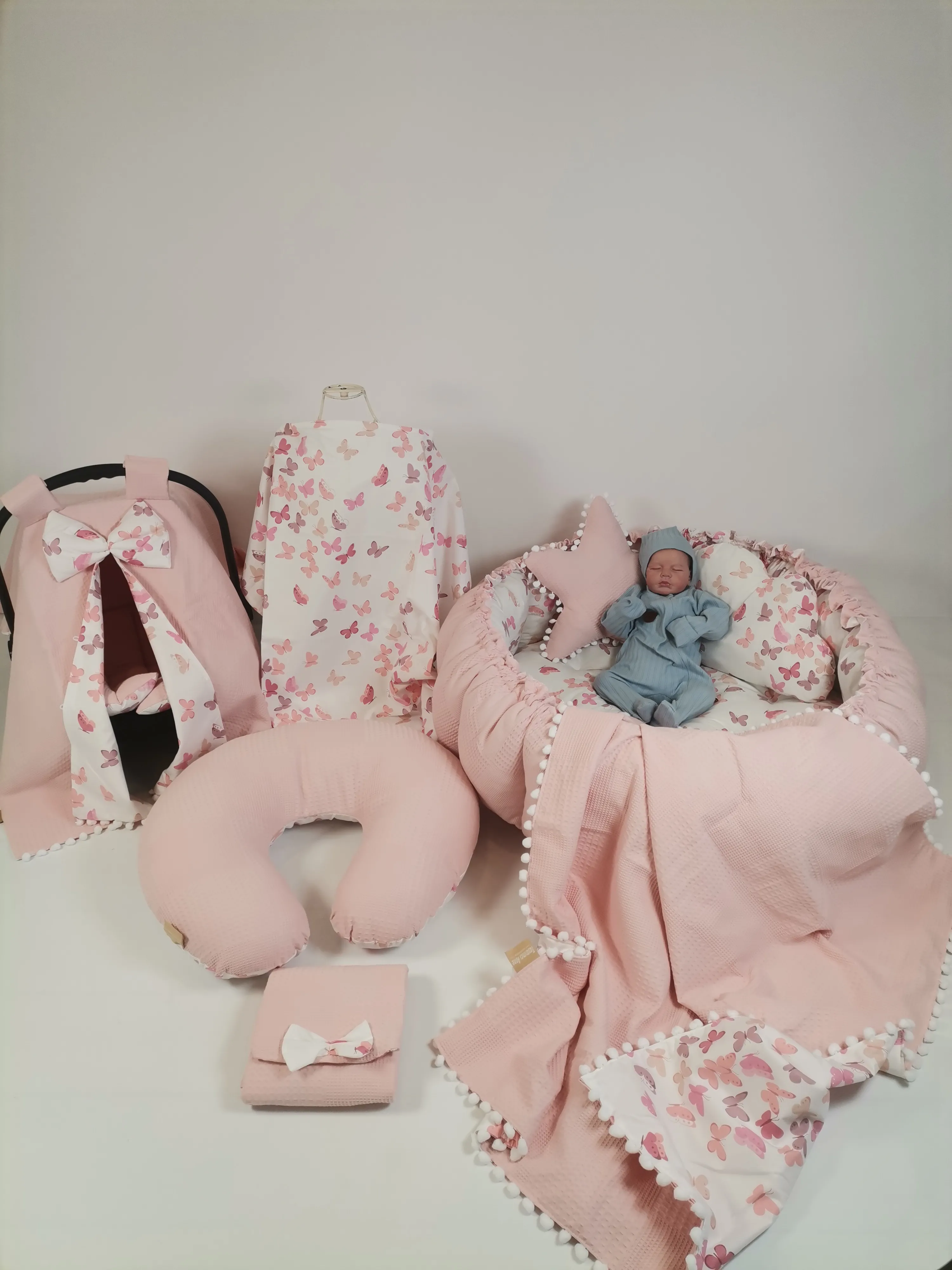 Yuvarlak babynest 9'lu set pudra pembe waffle pike - pudra kelebekli poplin