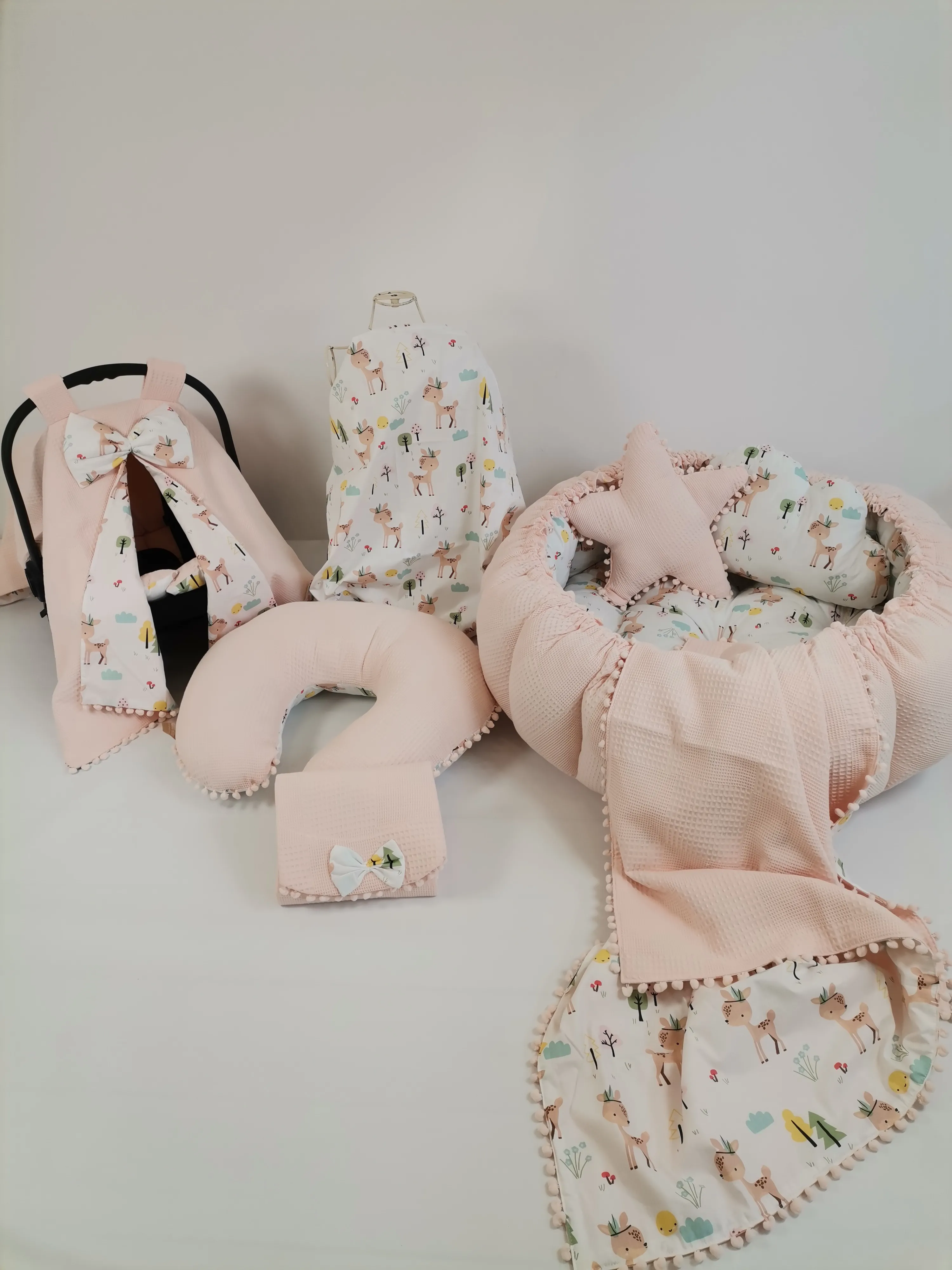 Yuvarlak babynest 9'lu set somon waffle pike - karacalı poplin