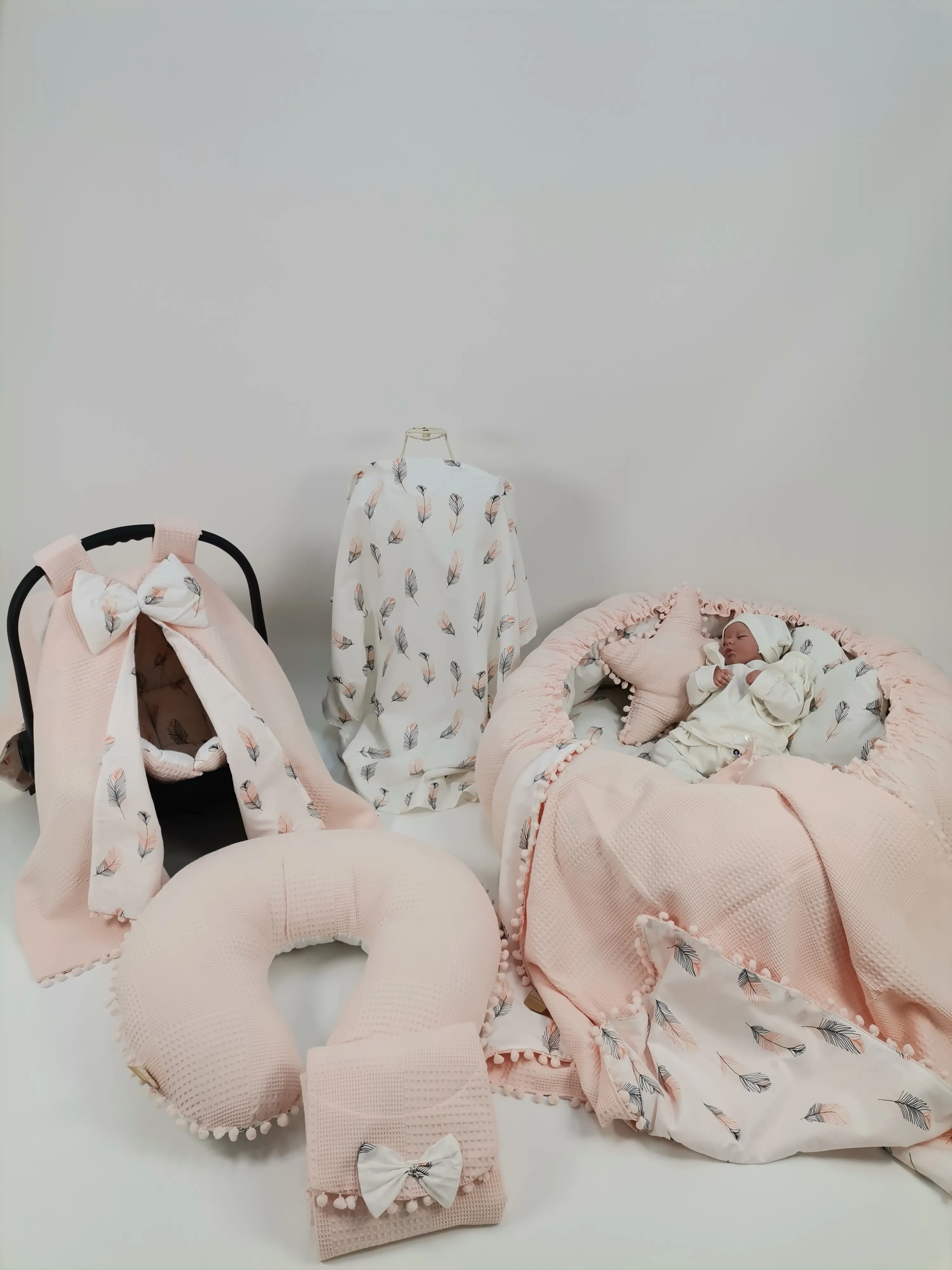 Yuvarlak babynest 9'lu set somon waffle pike - pembe tüylü poplin