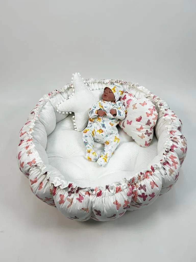 Yuvarlak babynest beyaz waffle pike - pudra kelebekli poplin