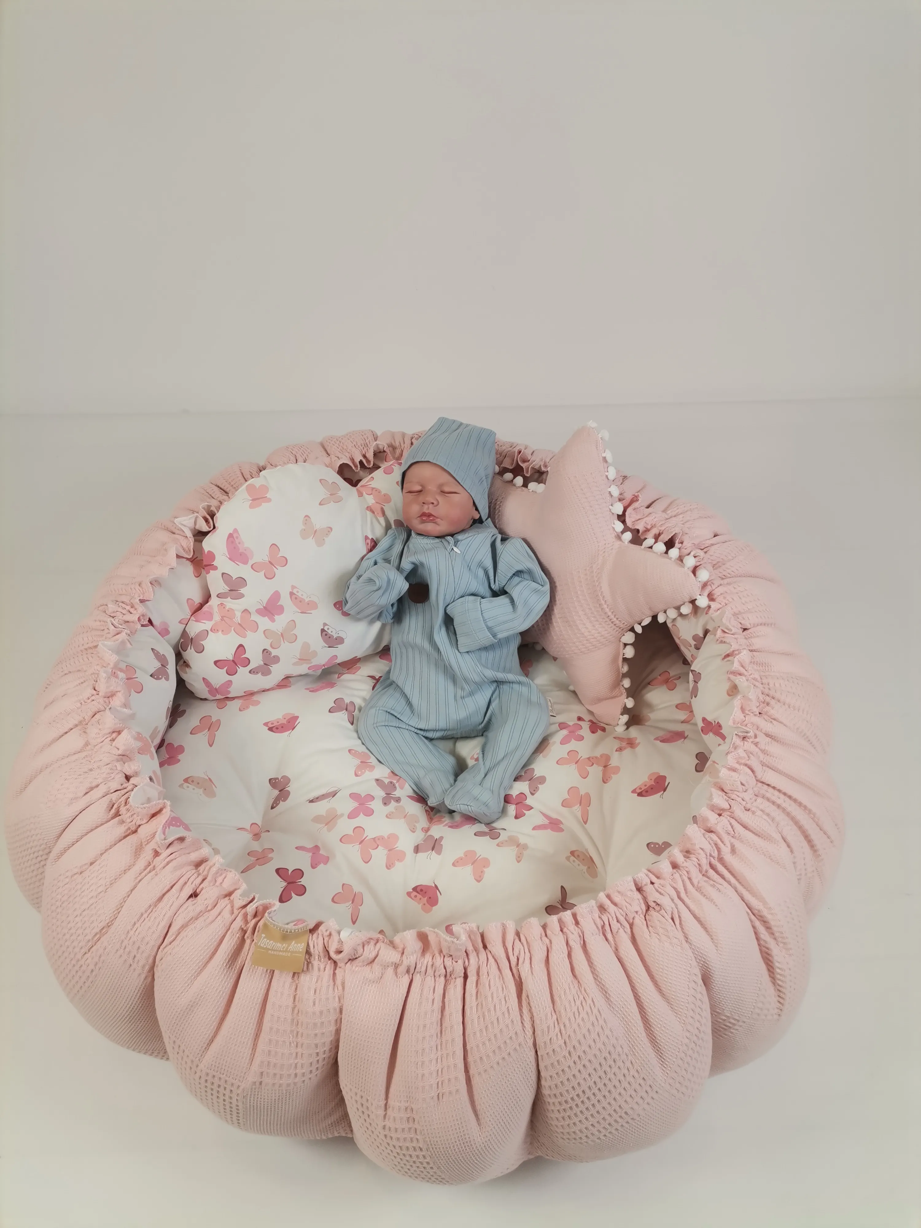 Yuvarlak babynest pudra pembe waffle pike - pudra kelebekli poplin