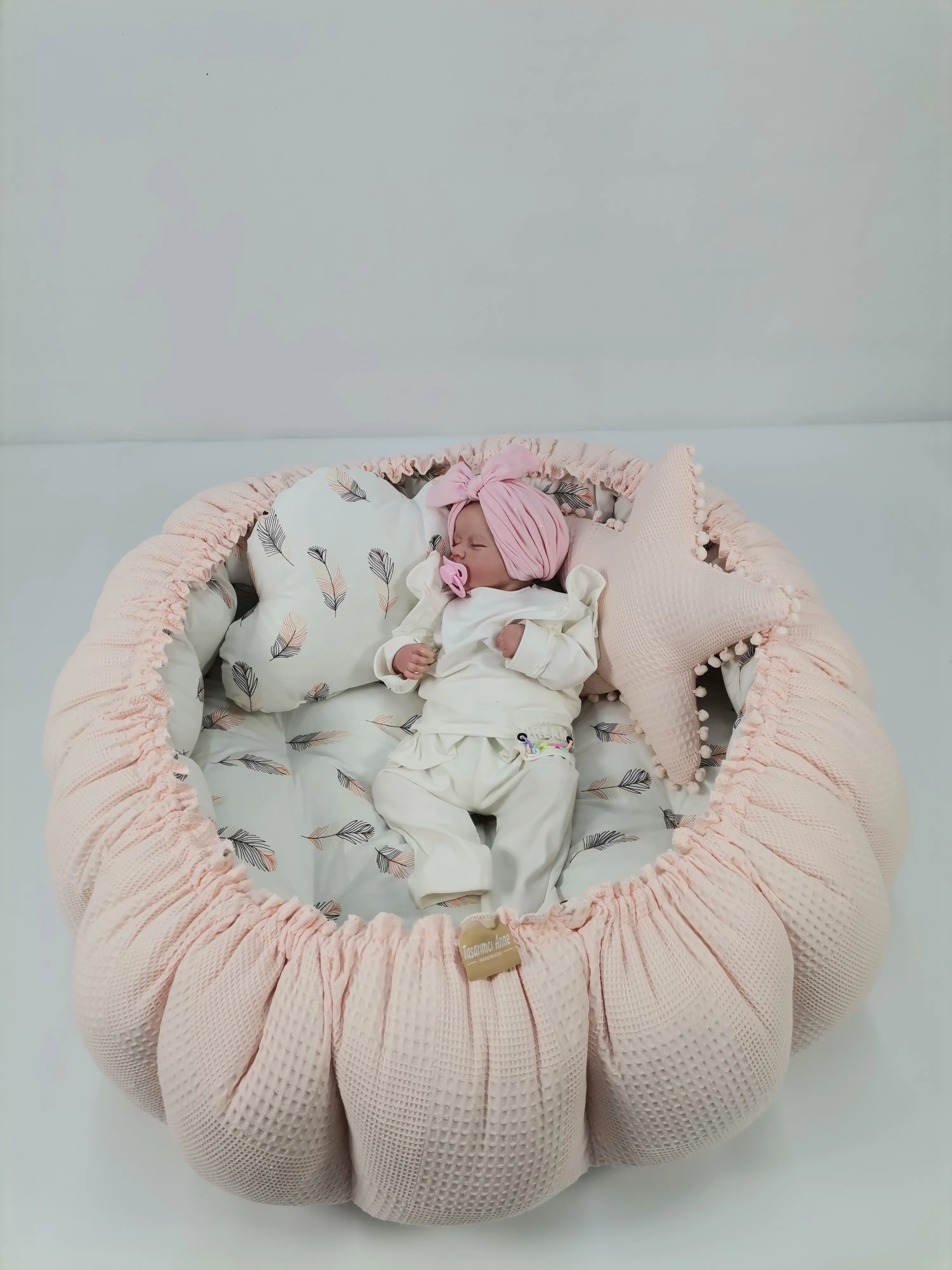 Yuvarlak babynest somon rengi waffle pike - pembe tüylü poplin