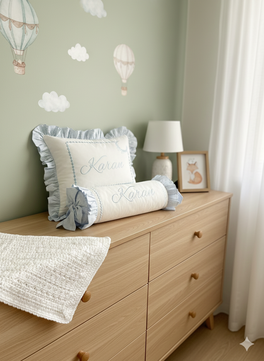 İsim işlemeli fırfırlı dikdörtgen ve şeker yastık 7