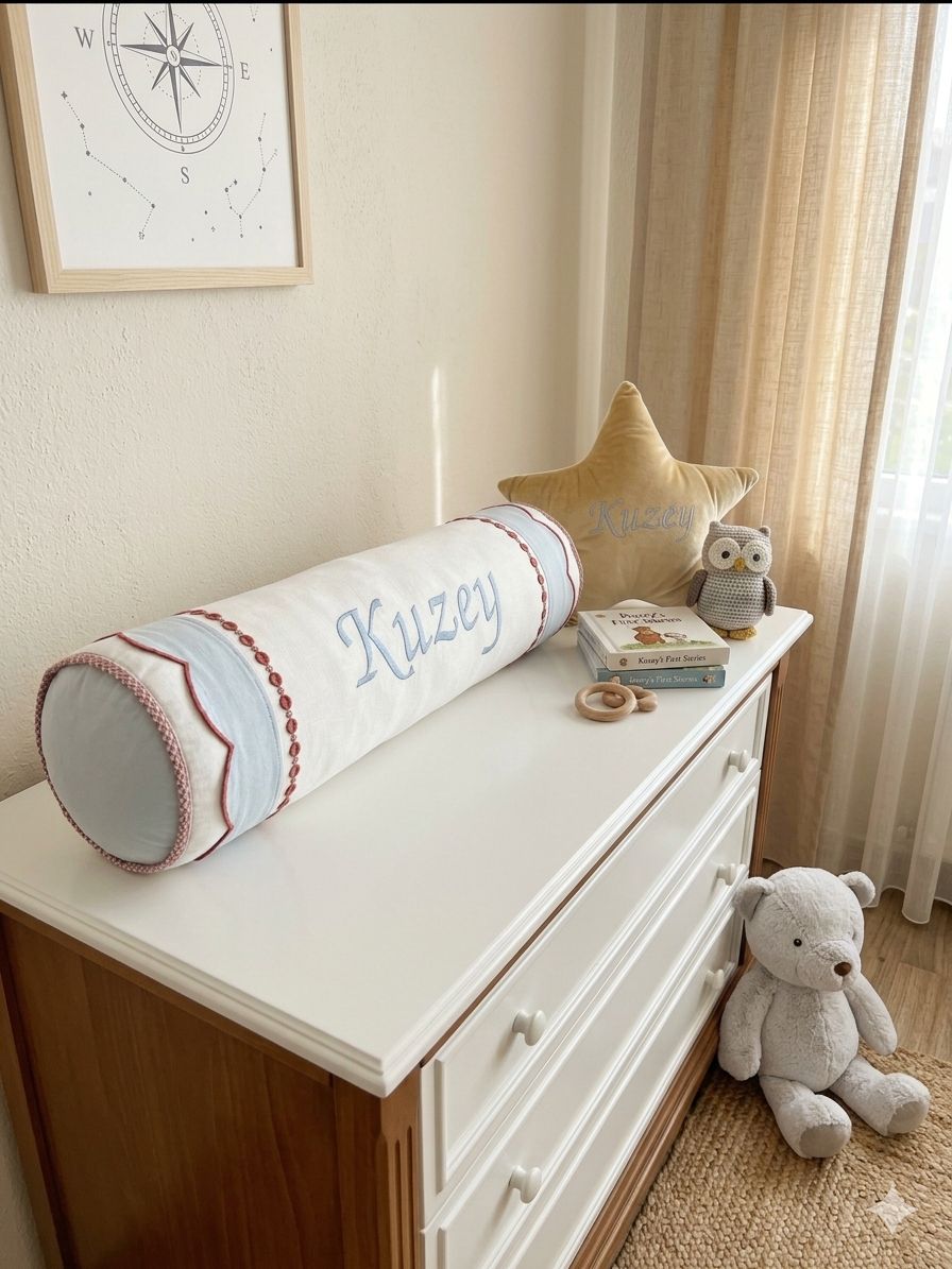 İsim işlemeli şeker yastık beyaz poplin