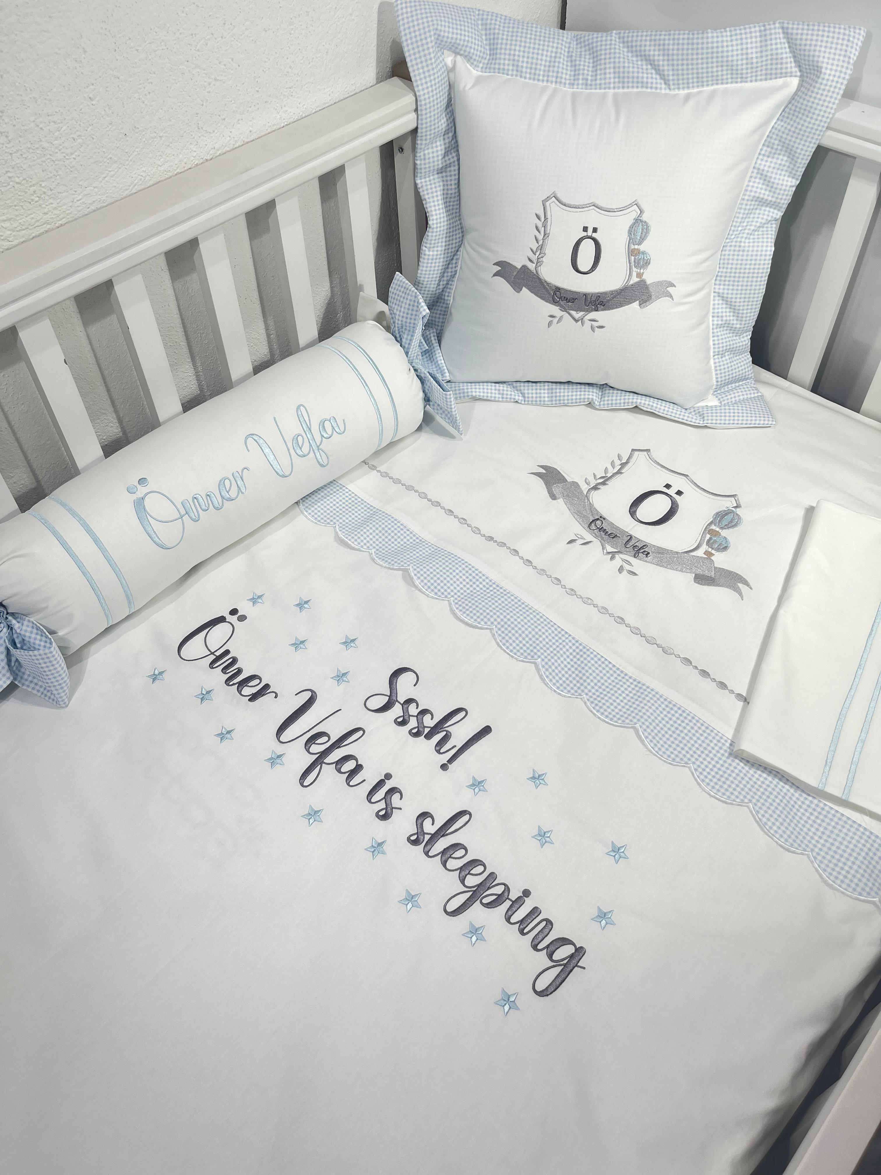 Nevresim takımı 5 parça beyaz ve mavi pötikareli poplin