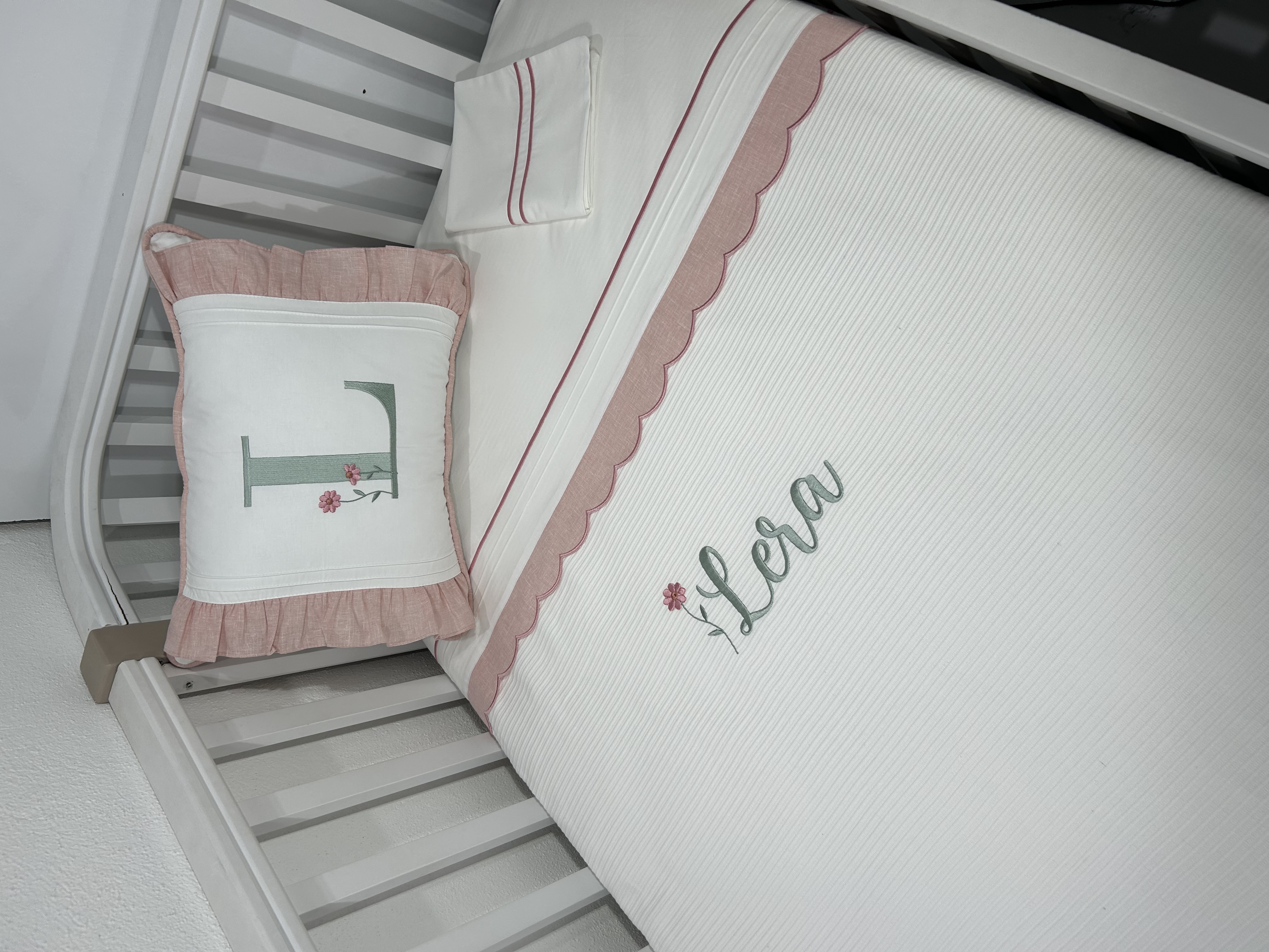 Pike takımı 4 parça beyaz fitilli pike - pudra pembe isviçre keteni