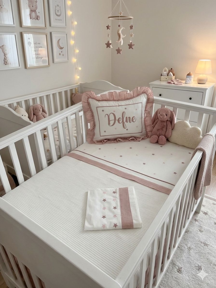 Pike takımı 4 parça beyaz fitilli pike - pudra pembe isviçre keteni 2