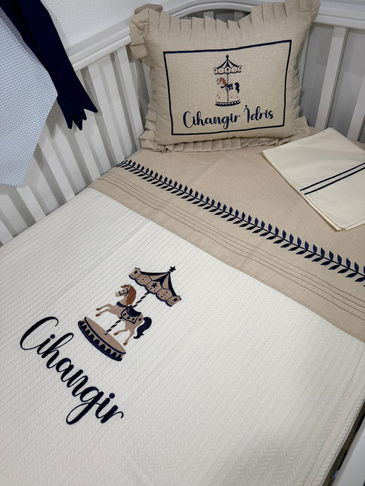 Pike takımı 4 parça krem örgü pike - bej isviçre keteni 