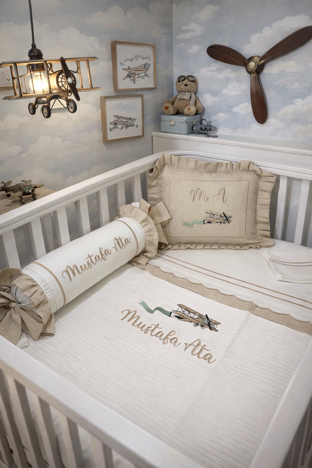 Pike takımı 5 parça beyaz fitilli pike - bej isviçre keteni 10